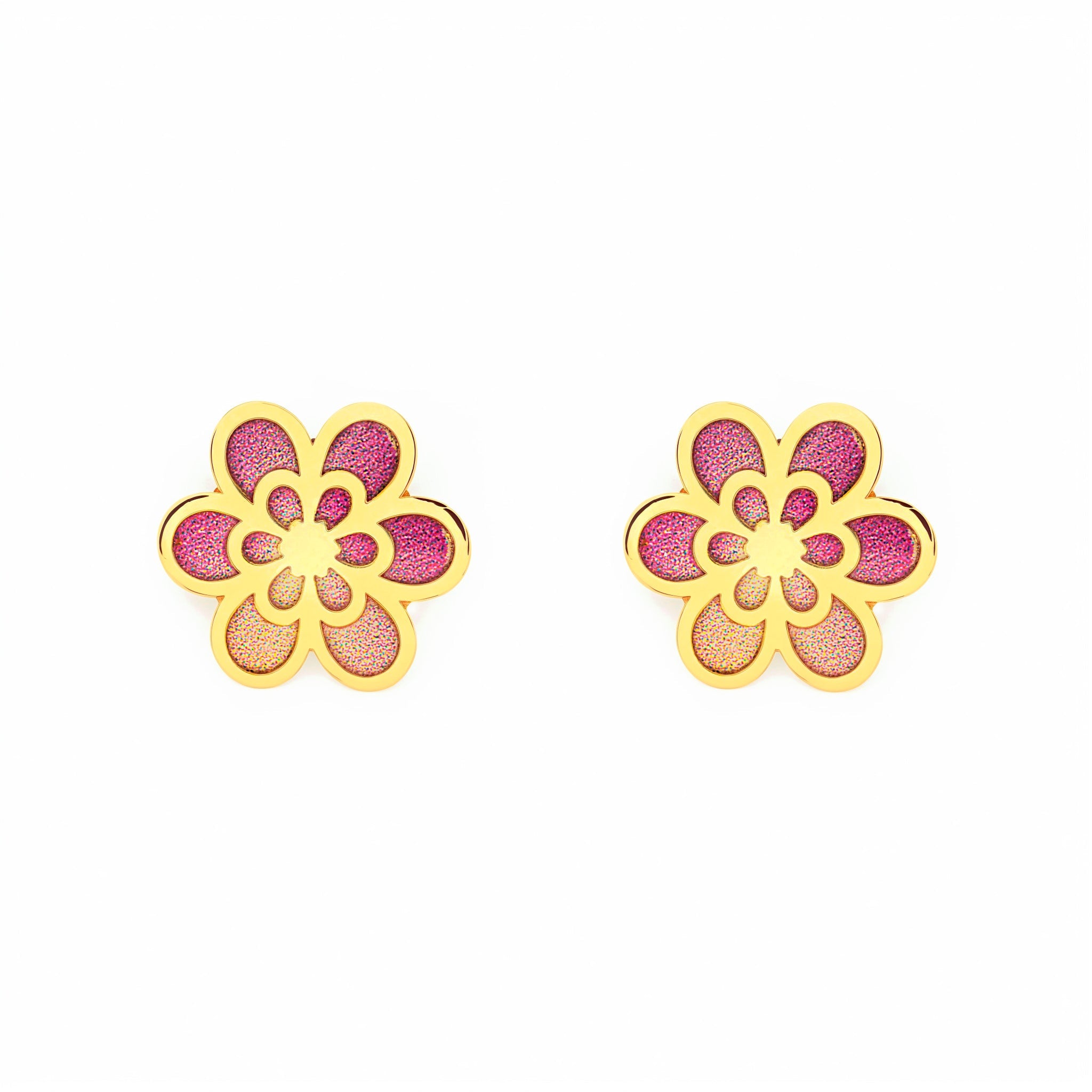 Pendientes Niña Oro Amarillo 9K Flor Esmalte Multicolor Brillo