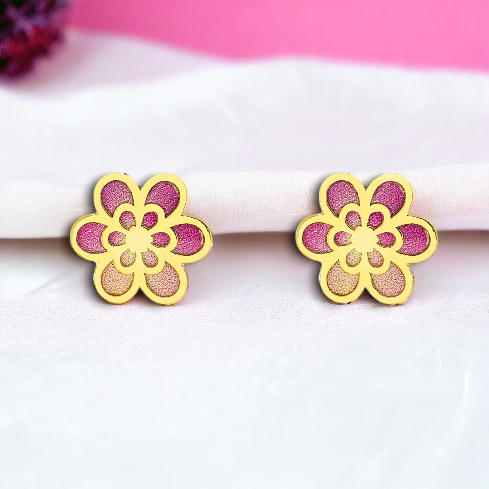 Pendientes Niña Oro Amarillo 9K Flor Esmalte Multicolor Brillo