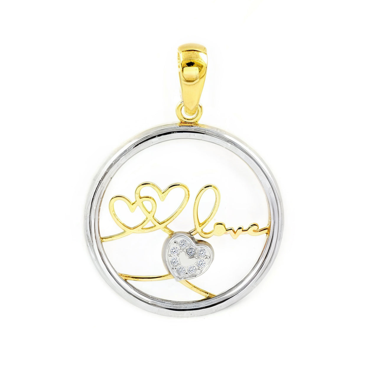Women's-Girl's Pendant in 9K Two-Tone Gold with Round Love Heart and Shiny Zirconia