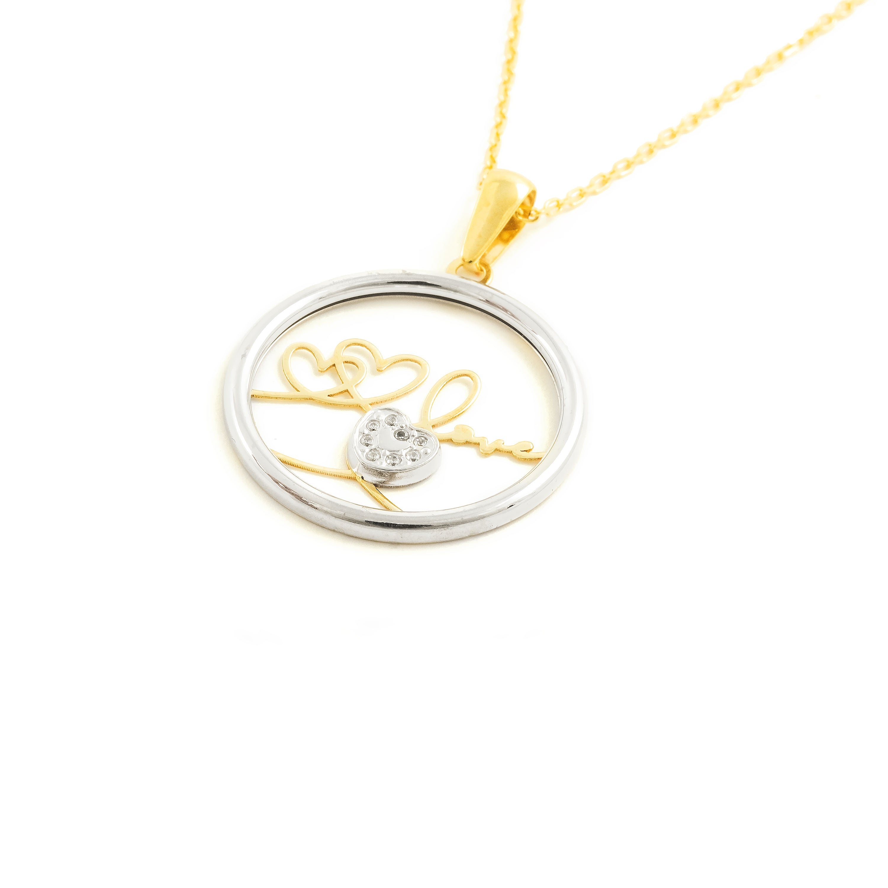 Women's-Girl's Pendant in 9K Two-Tone Gold with Round Love Heart and Shiny Zirconia