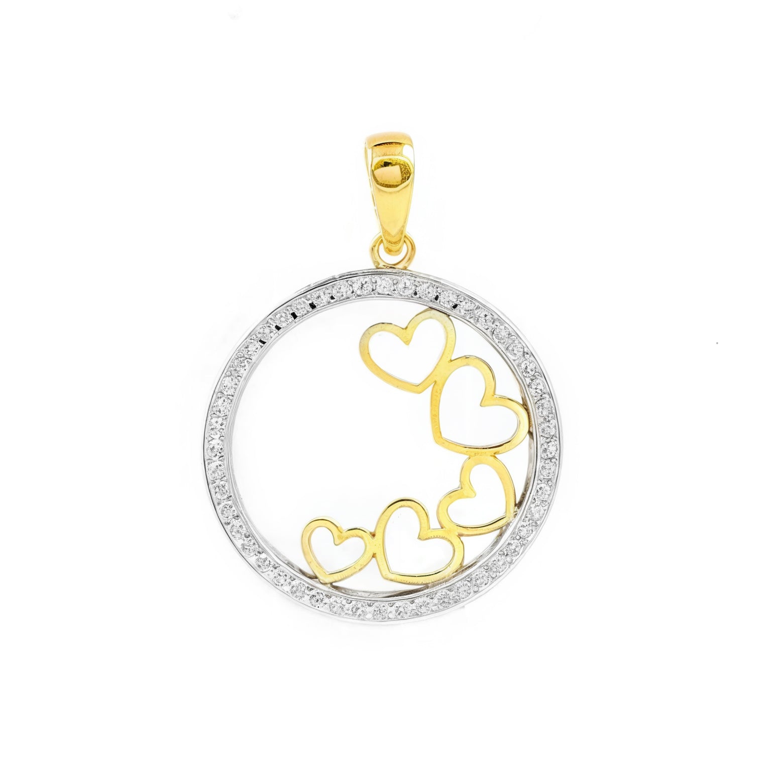 Women's-Girl's Pendant in 9K Two-Tone Gold with Round Hearts and Shiny Zirconia
