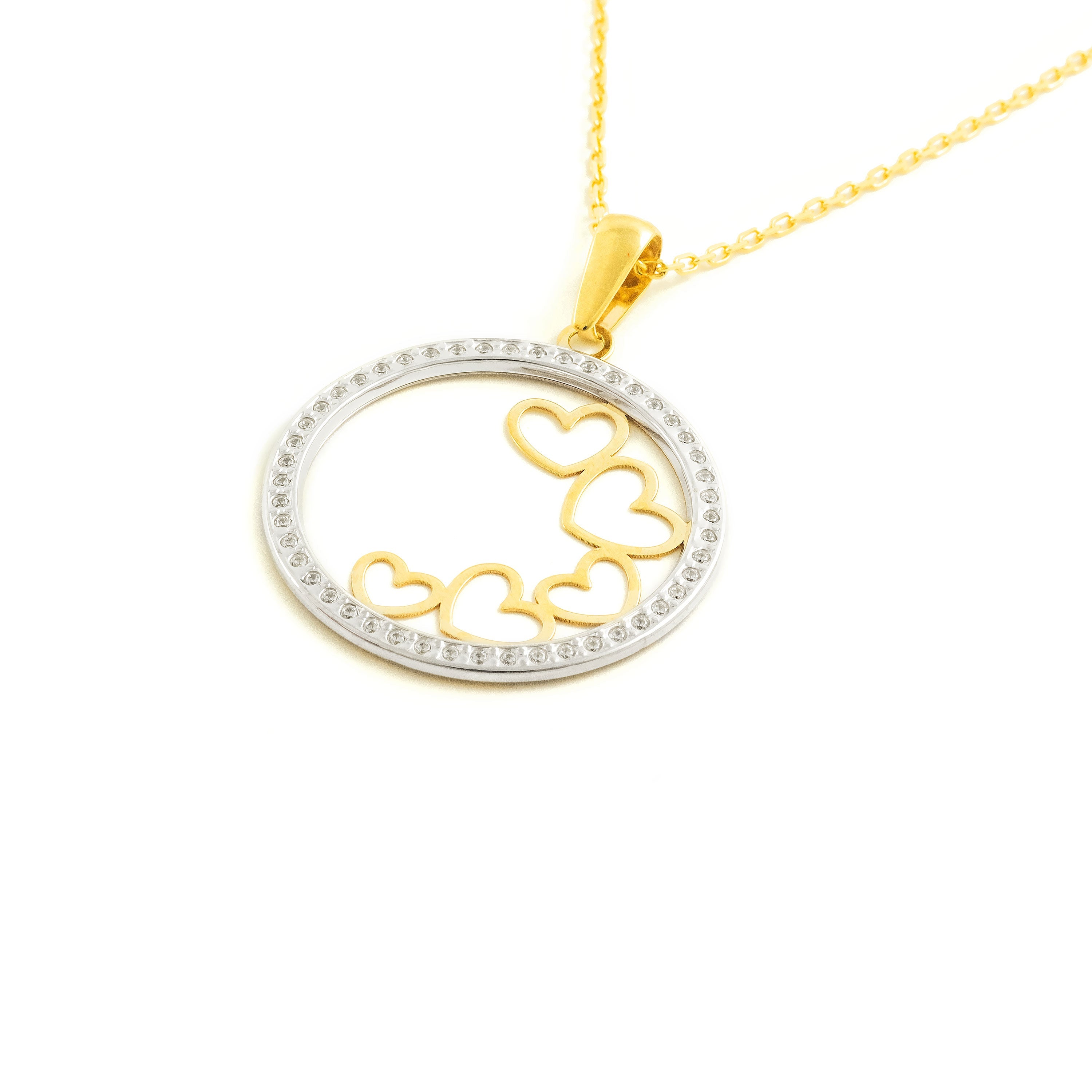 Women's-Girl's Pendant in 9K Two-Tone Gold with Round Hearts and Shiny Zirconia