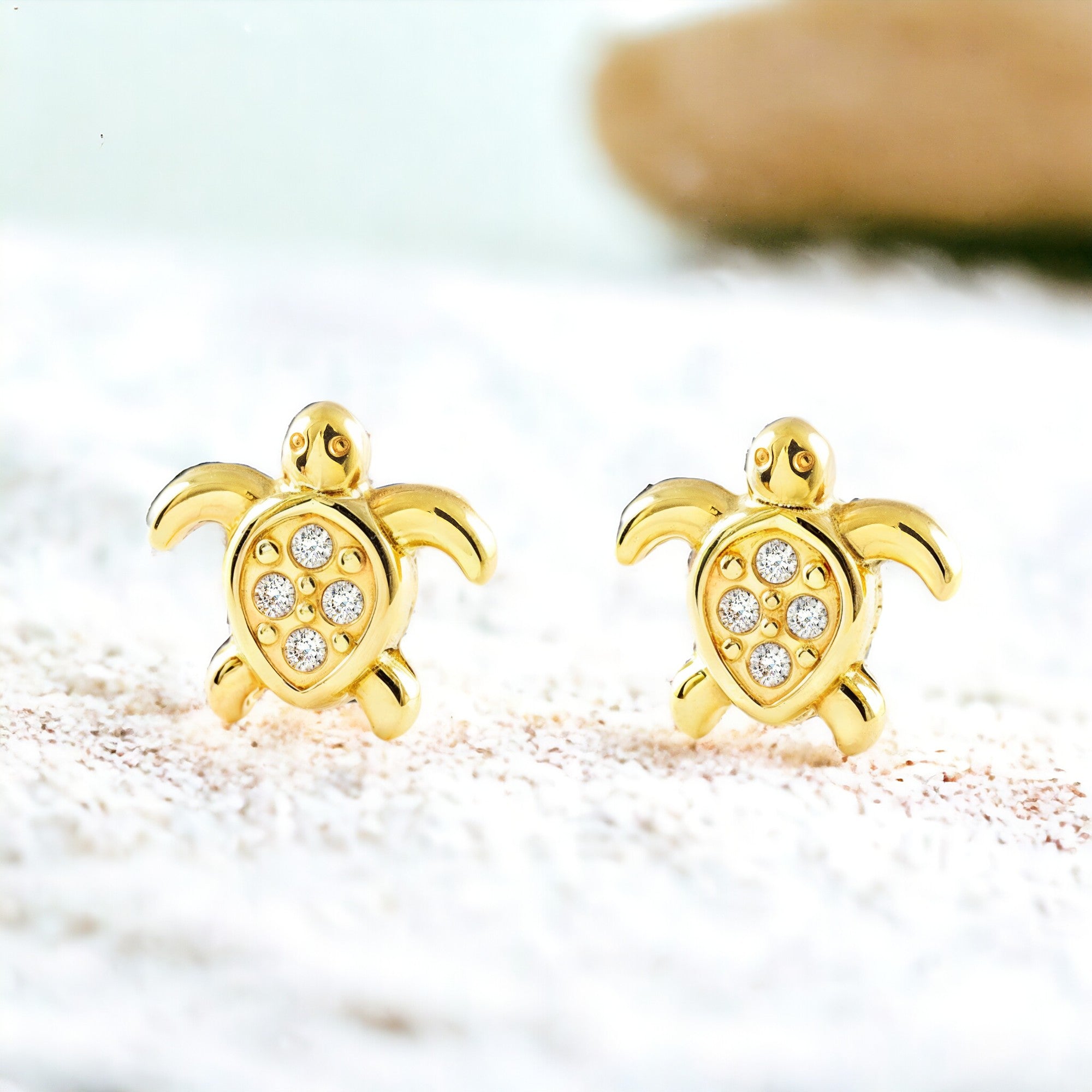 Pendientes Niña Oro Amarillo 9K Tortuga Circonita Brillo