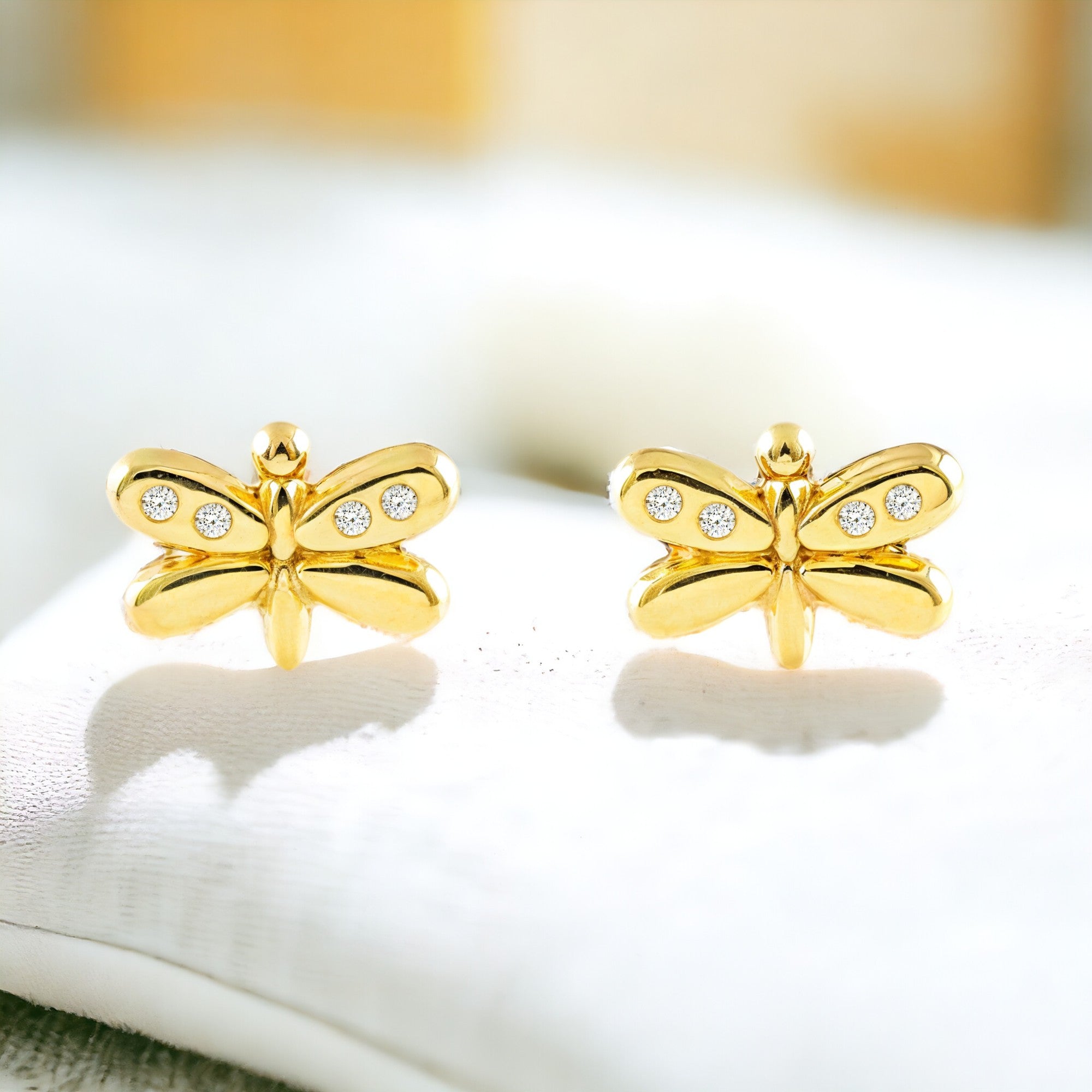 Pendientes Niña Oro Amarillo 9K Libelula Circonita Brillo