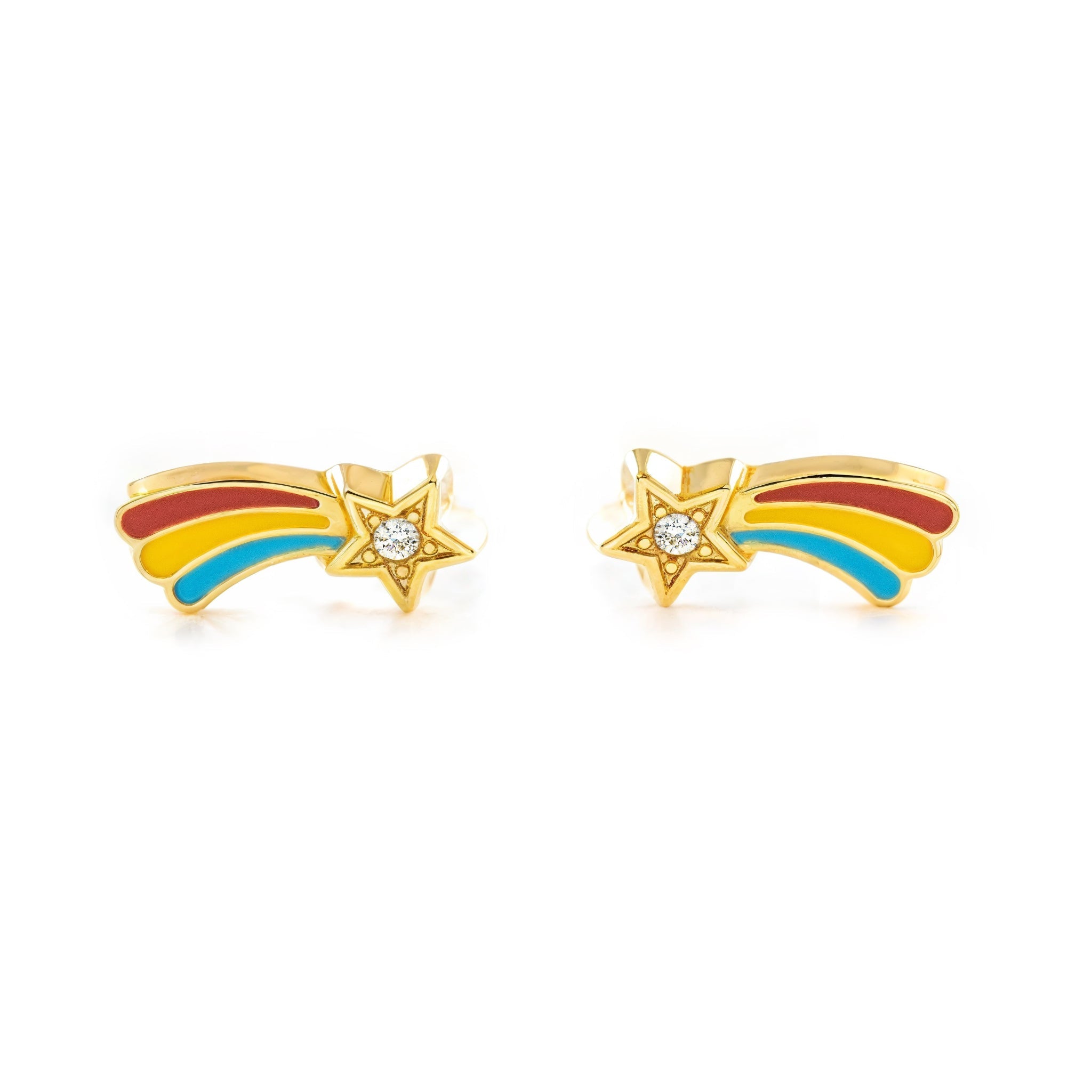 Pendientes Niña Oro Amarillo 9K Estrella Fugaz Esmalte Multicolor Circonita Brillo