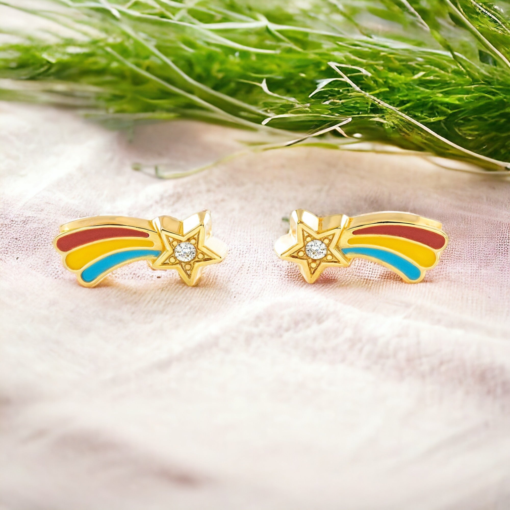 Pendientes Niña Oro Amarillo 9K Estrella Fugaz Esmalte Multicolor Circonita Brillo