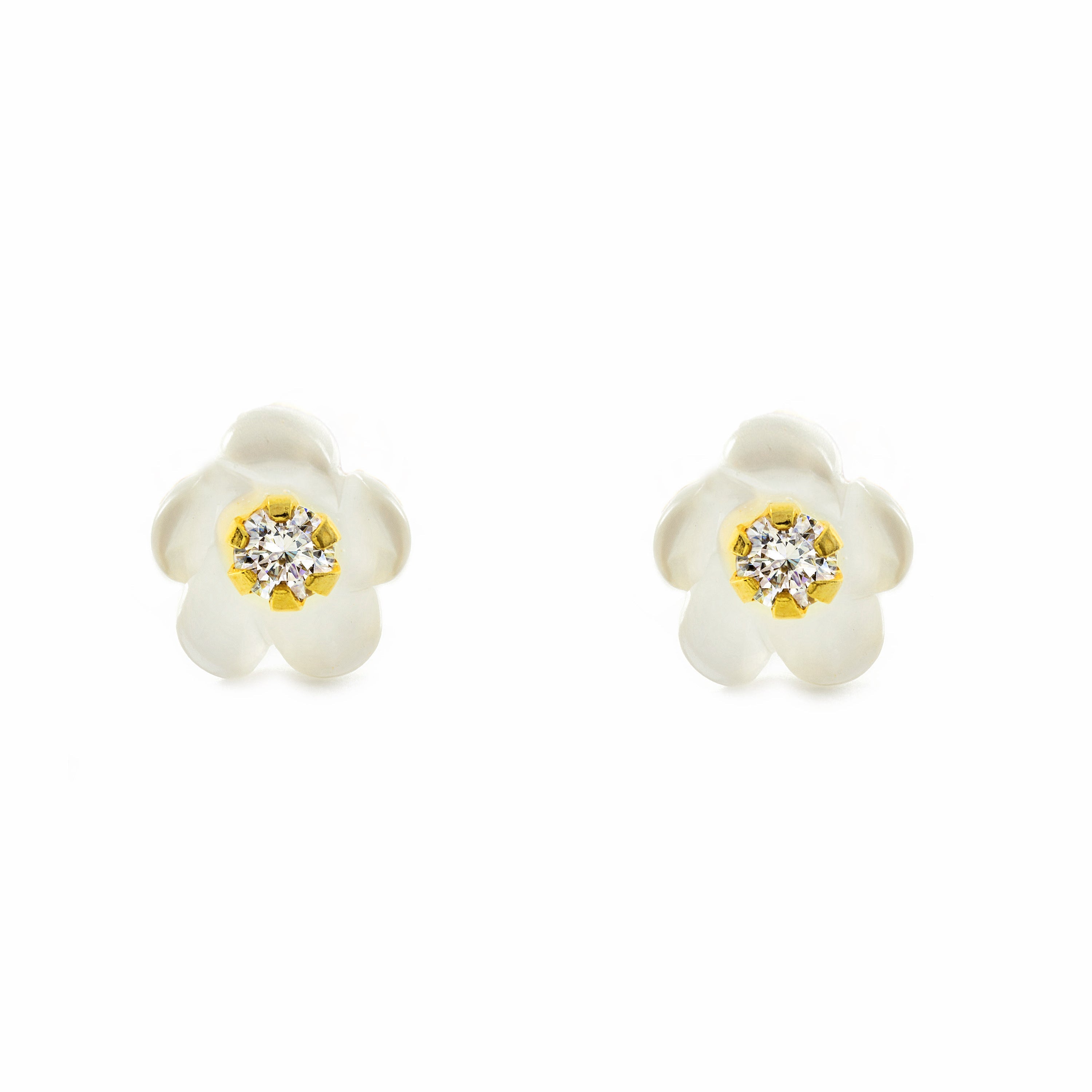 Pendientes Niña Oro Amarillo 18K Nacar Flor Circonita Brillo