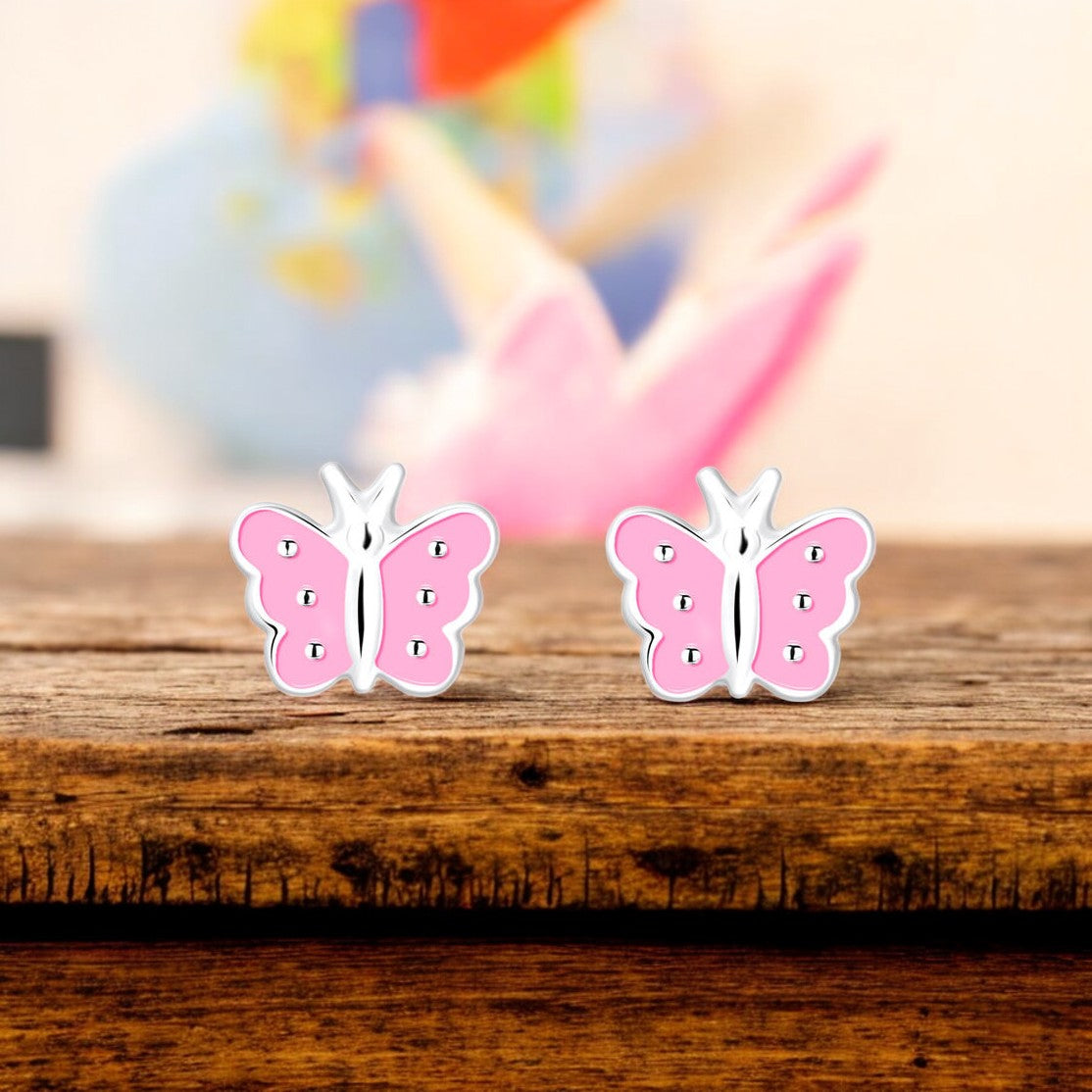 Pendientes Plata de Ley 925 Mariposa Rosa Brillo