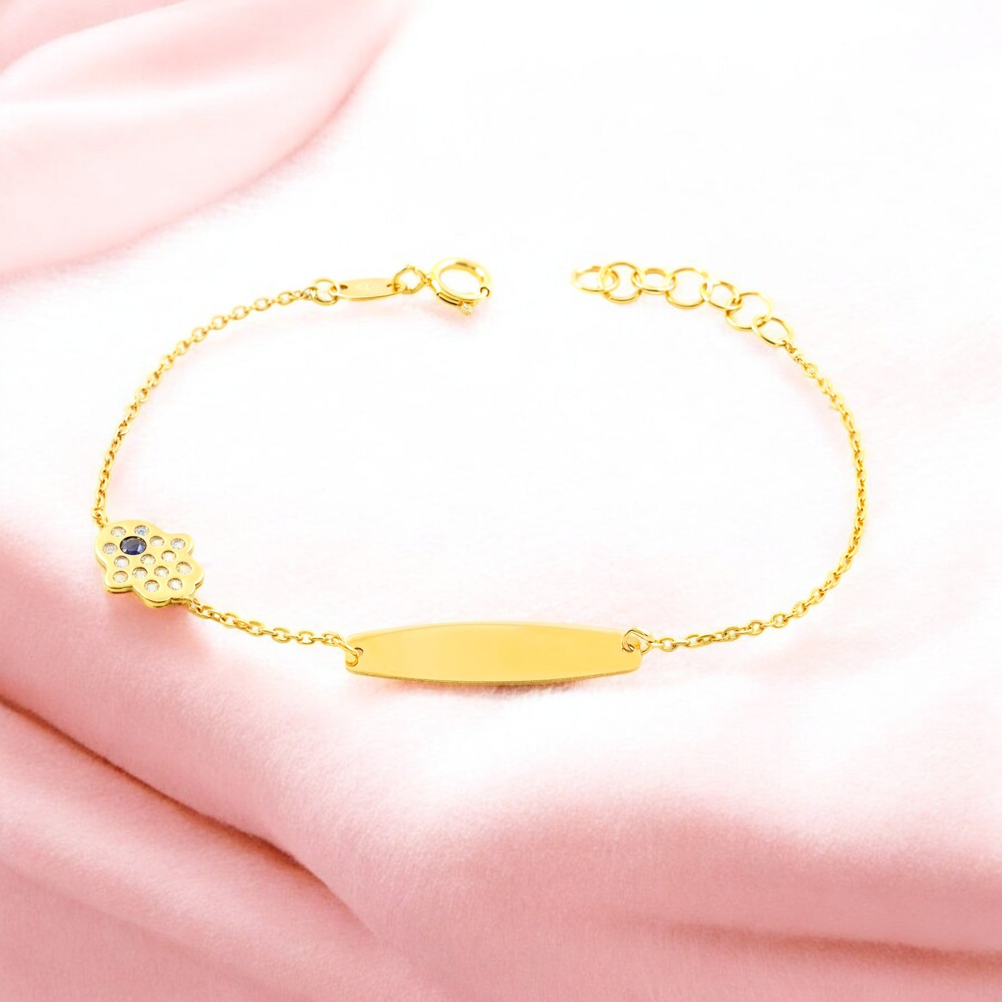 Pulsera Niña Oro Amarillo 9K Personalizada Esclava Mano Fatima Circonita Brillo 14 cm