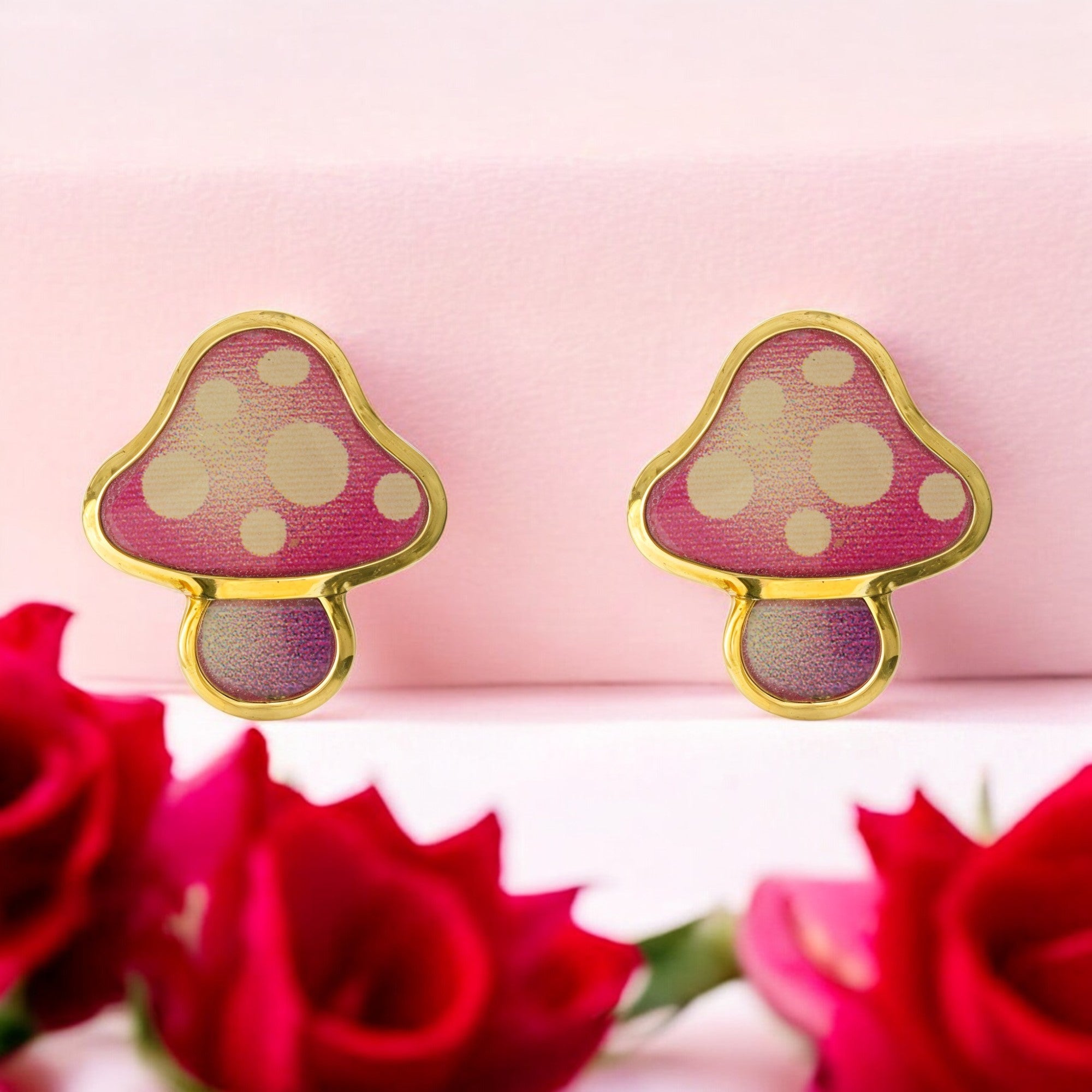 9K Yellow Gold Mushroom Girl's Earrings with Multicolor Shiny Enamel