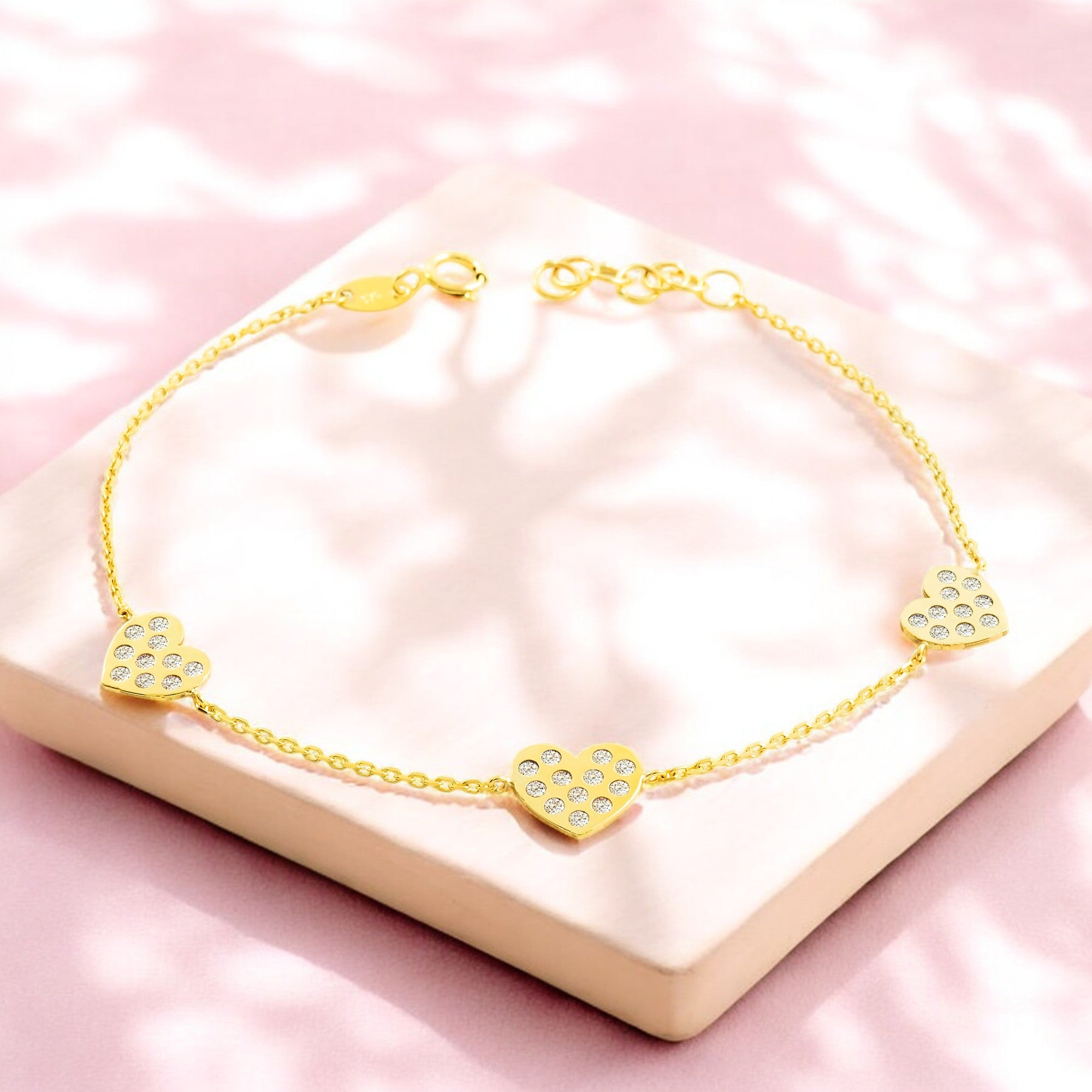 Women's-Girls 9K Yellow Gold Bracelet with Shiny Zirconia Hearts, 18 cm