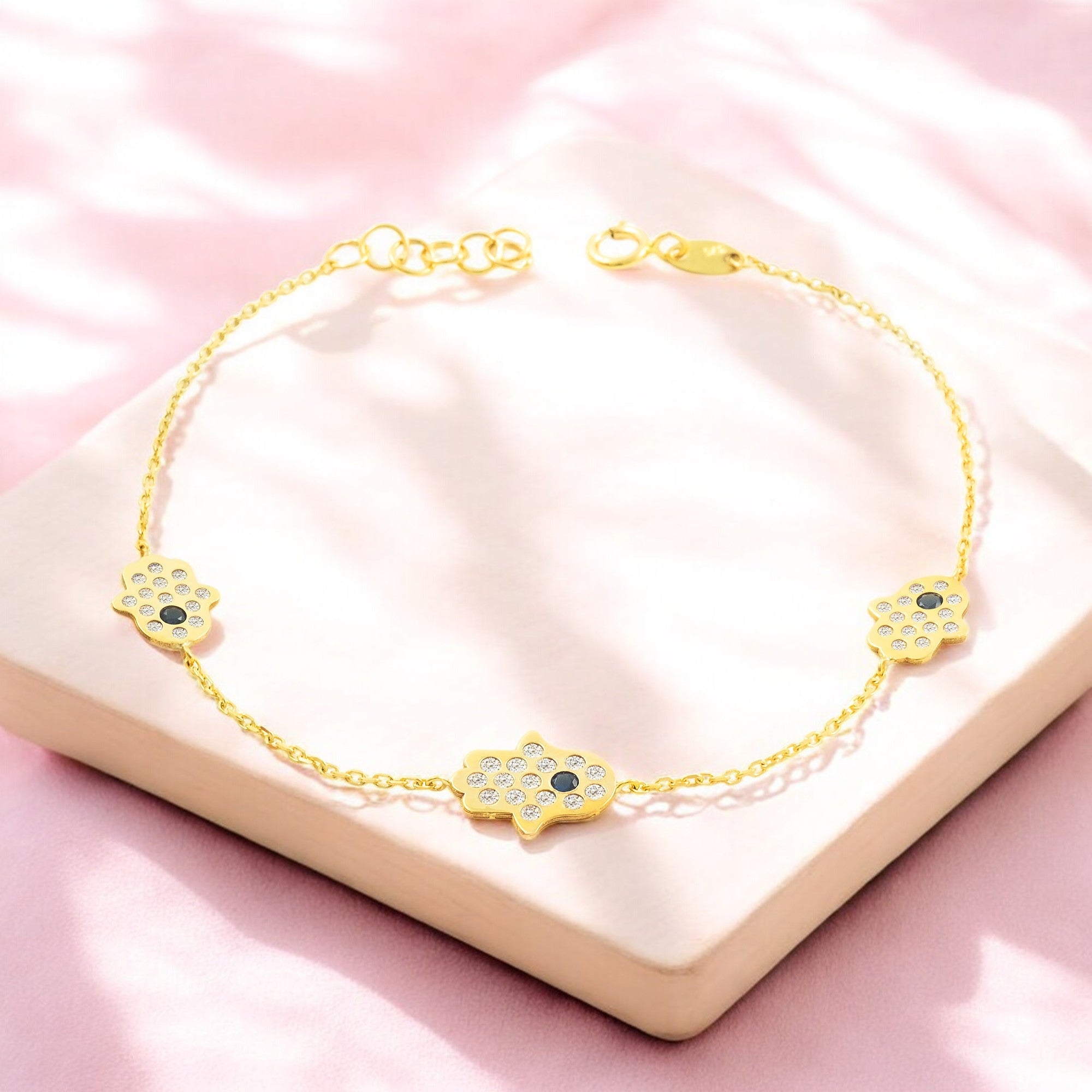 Women's-Girls Bracelet 9K Yellow Gold Fatima Hand Zirconia Shine 18 cm