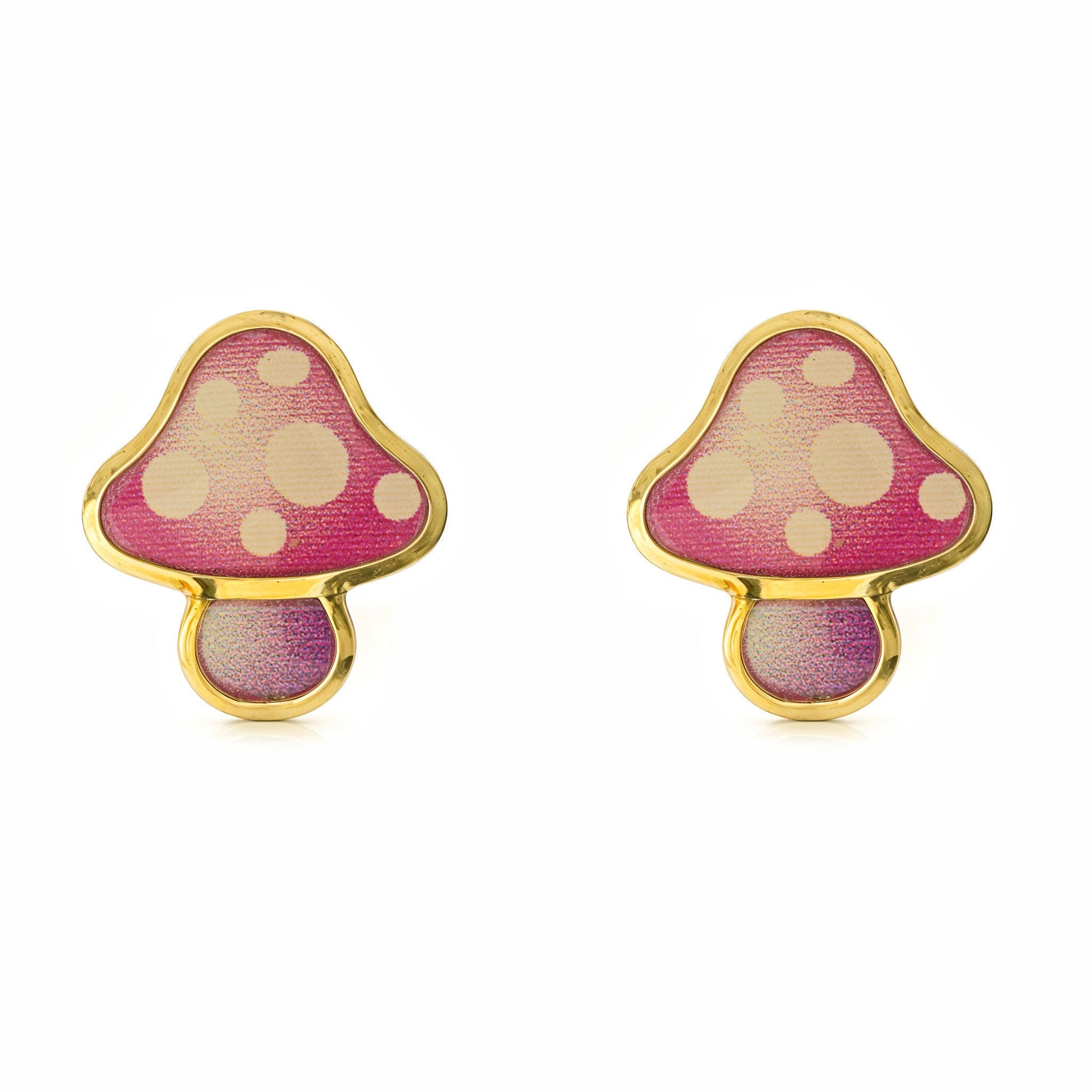 9K Yellow Gold Mushroom Girl's Earrings with Multicolor Shiny Enamel