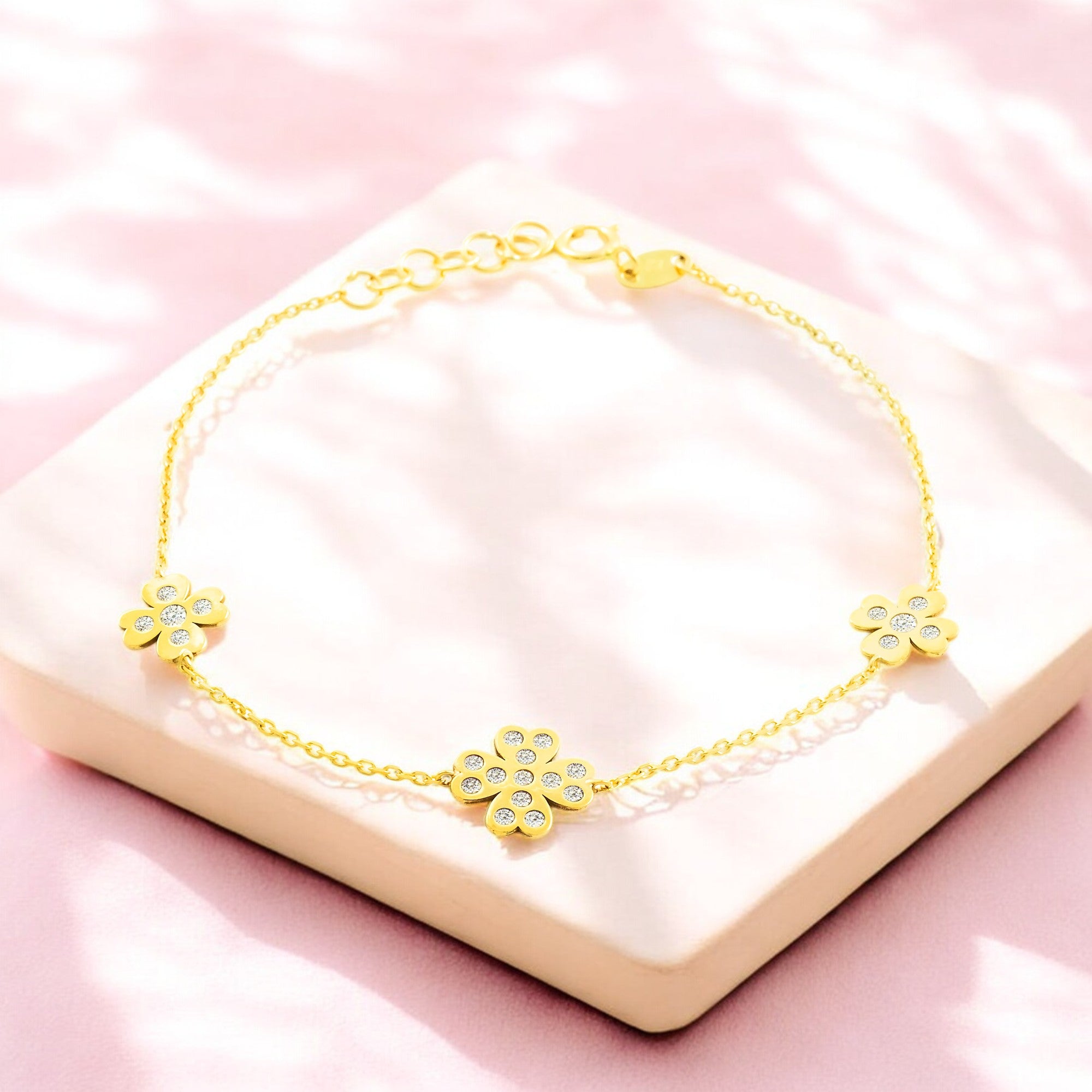 Women's-Girls 9K Yellow Gold Clover Zirconia Shine Bracelet 18 cm