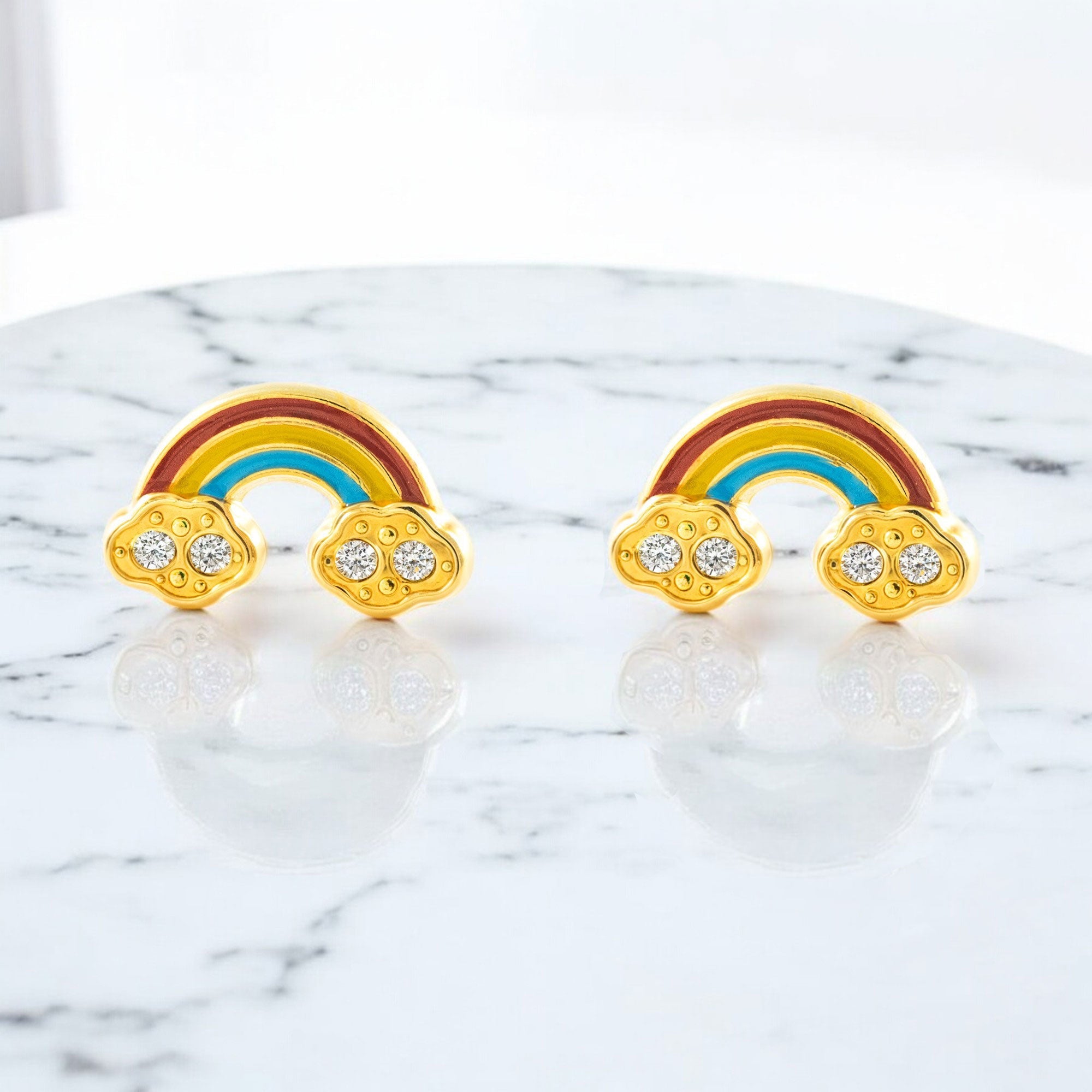 9K Yellow Gold Rainbow Multicolor Enamel Zirconia Shine Girl's Earrings