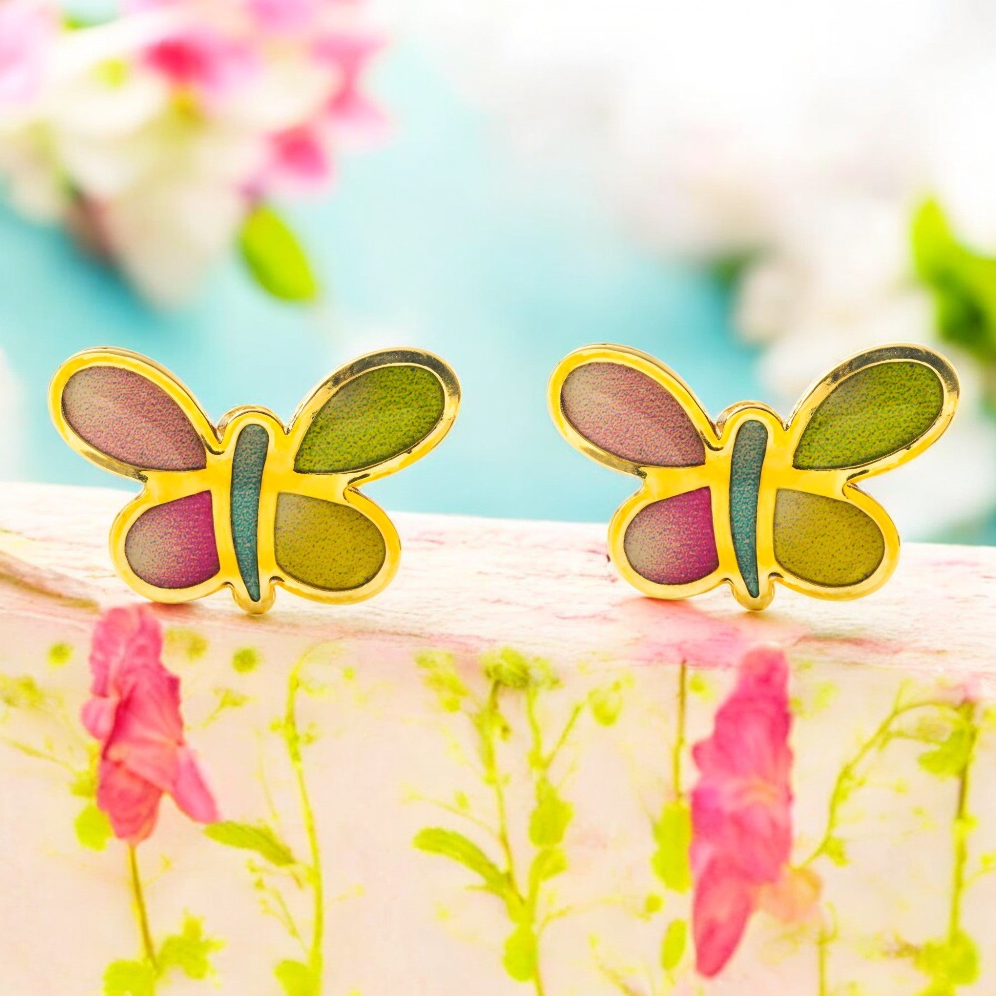 Girl's 9K Yellow Gold Earrings with Shiny Multicolor Enamel Butterfly