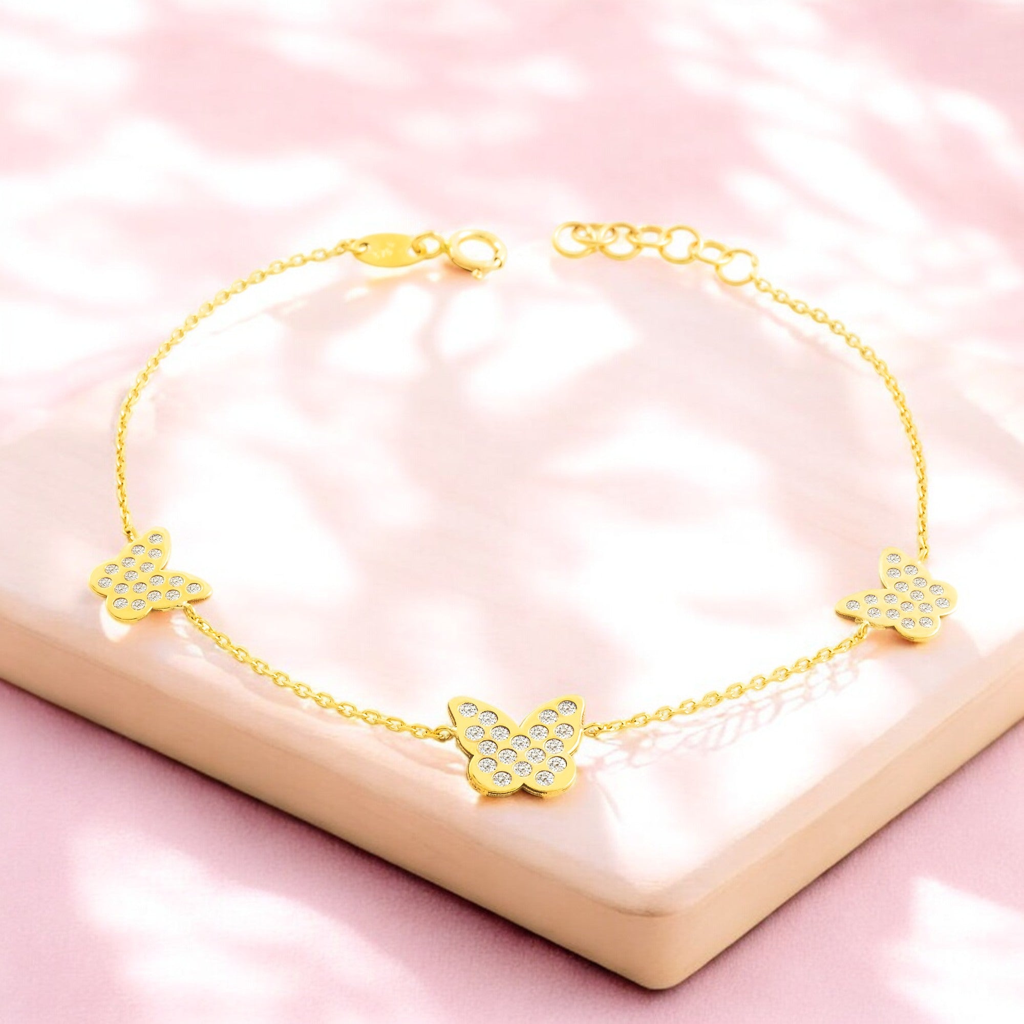 Women's-Girls 9K Yellow Gold Bracelet with Shiny Zirconia Butterflies, 18 cm