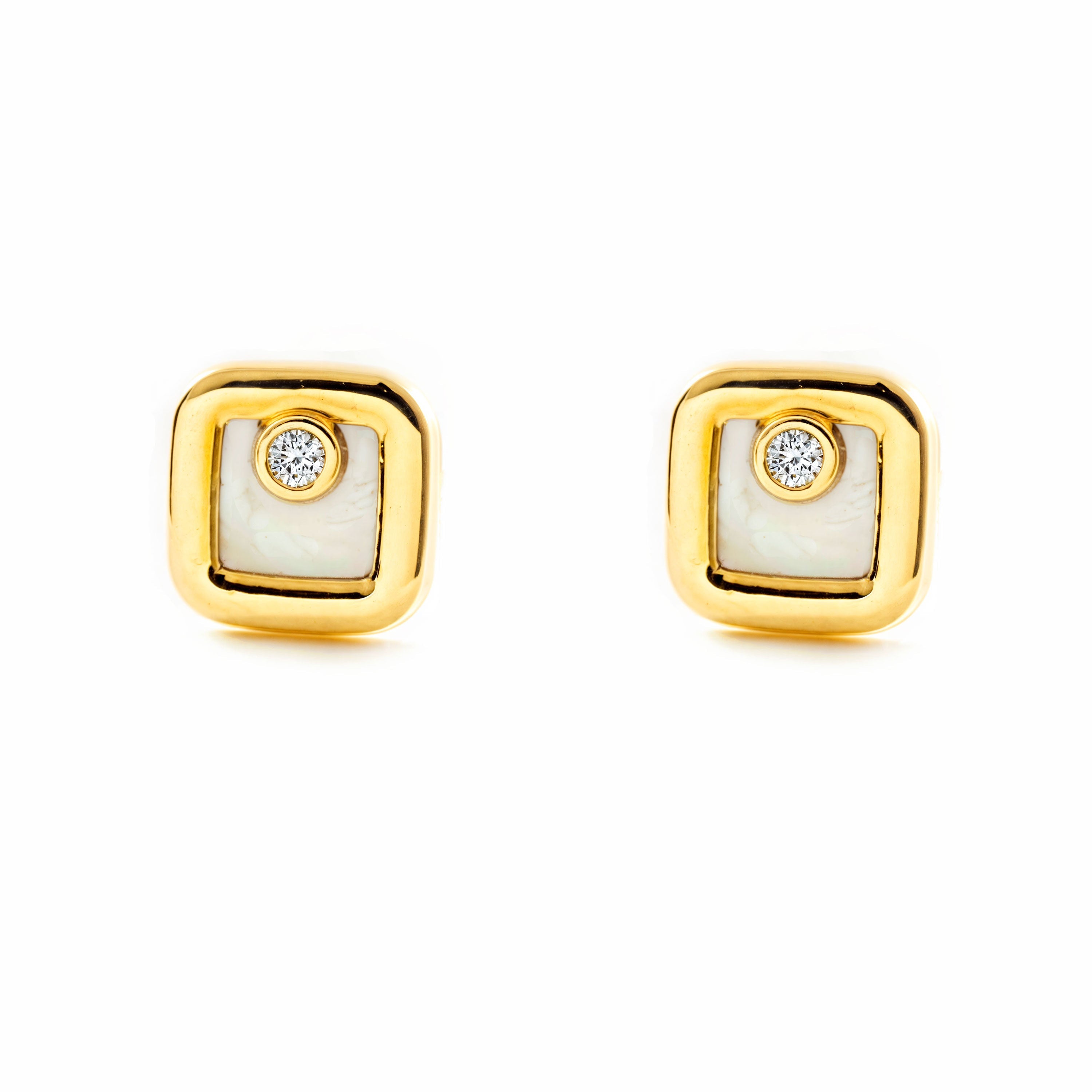 9K Yellow Gold Girl's Earrings with Square Mother-of-Pearl and Shiny Zirconia