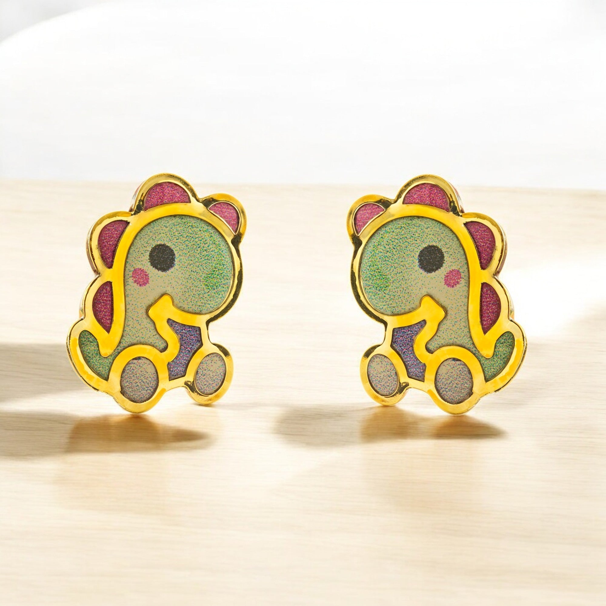 9K Yellow Gold Dinosaur Girl's Earrings with Multicolor Shiny Enamel