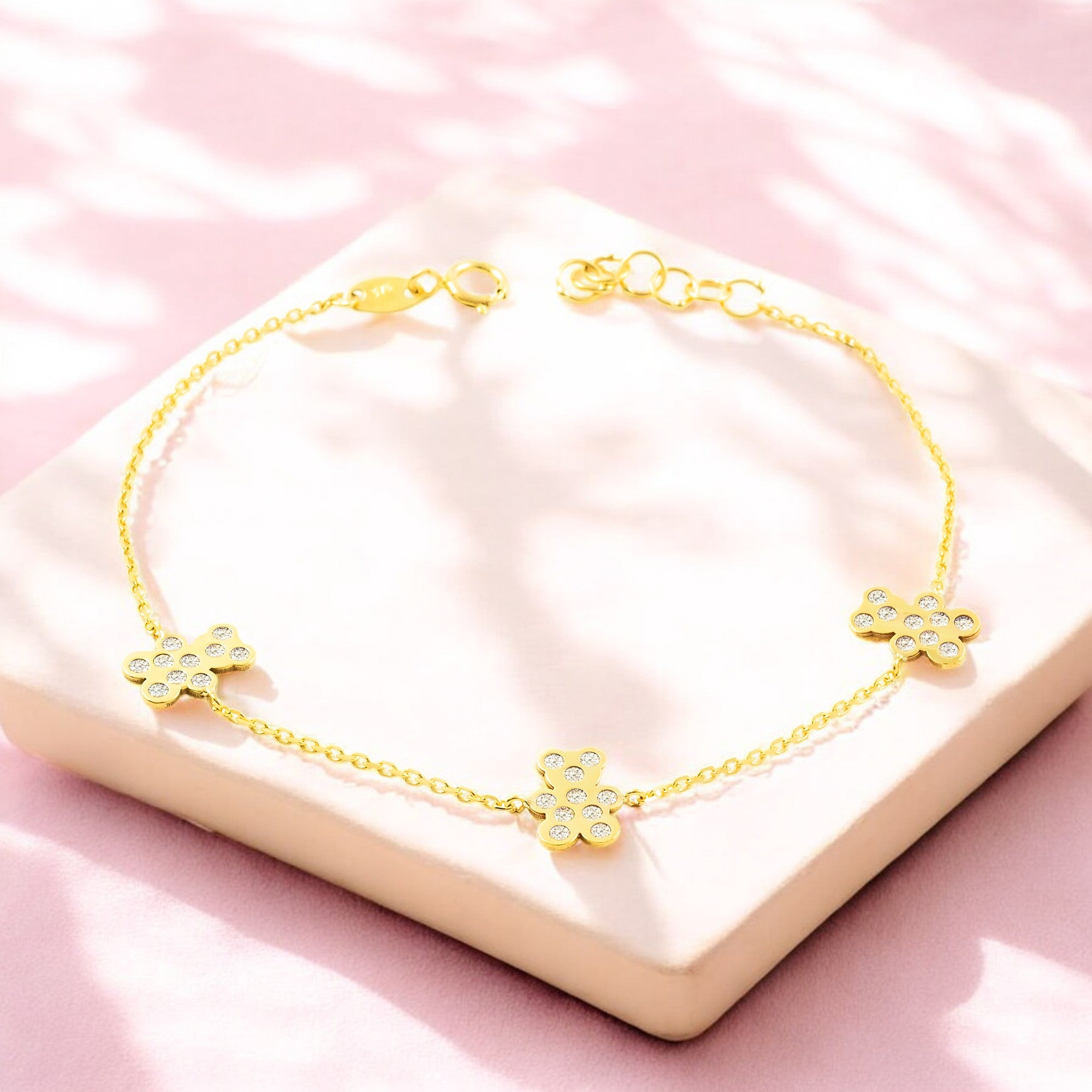 Women's-Girls 9K Yellow Gold Bracelet with Shiny Zirconia Bears, 18 cm