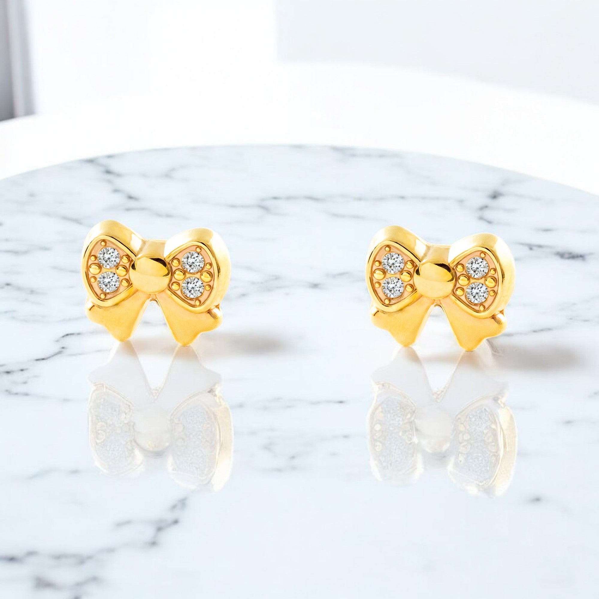 Girl's 9K Yellow Gold Shiny Zirconia Bow Earrings