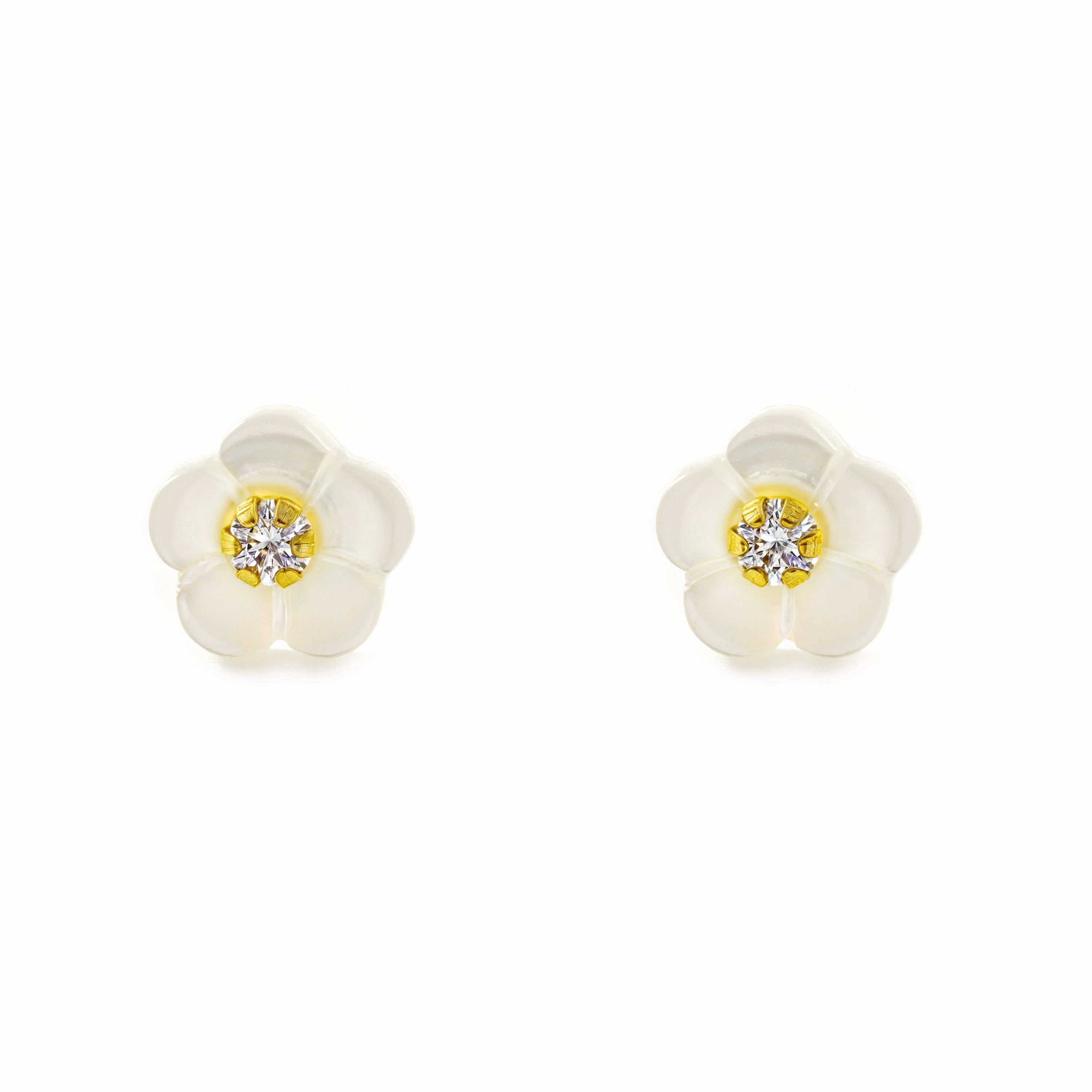 Girl's Earrings 18K Yellow Gold Mother of Pearl Shiny Zirconia Flower