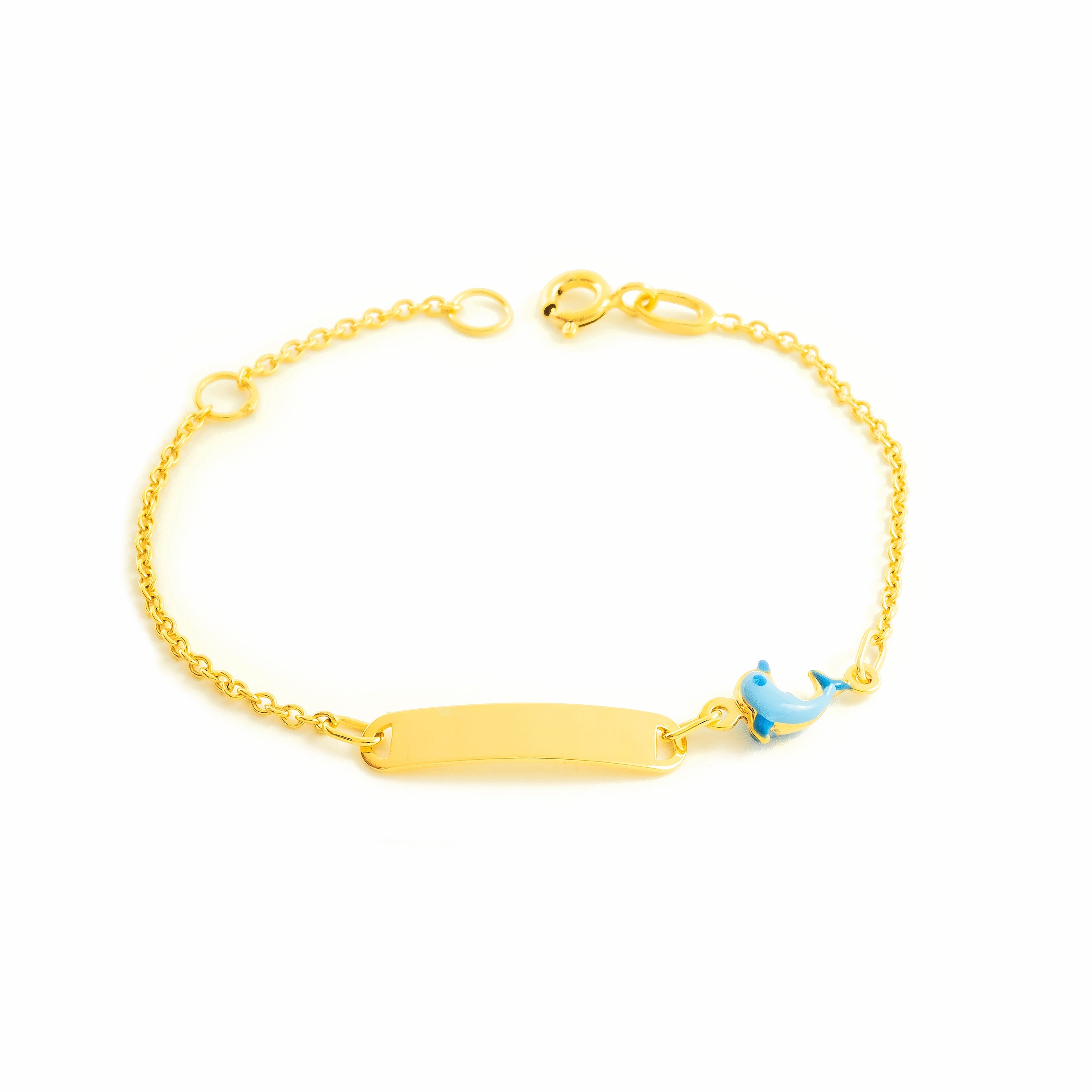 Pulsera Niña Oro Amarillo 9K Esmalte Esclava Delfín Azul Brillo 14 cm