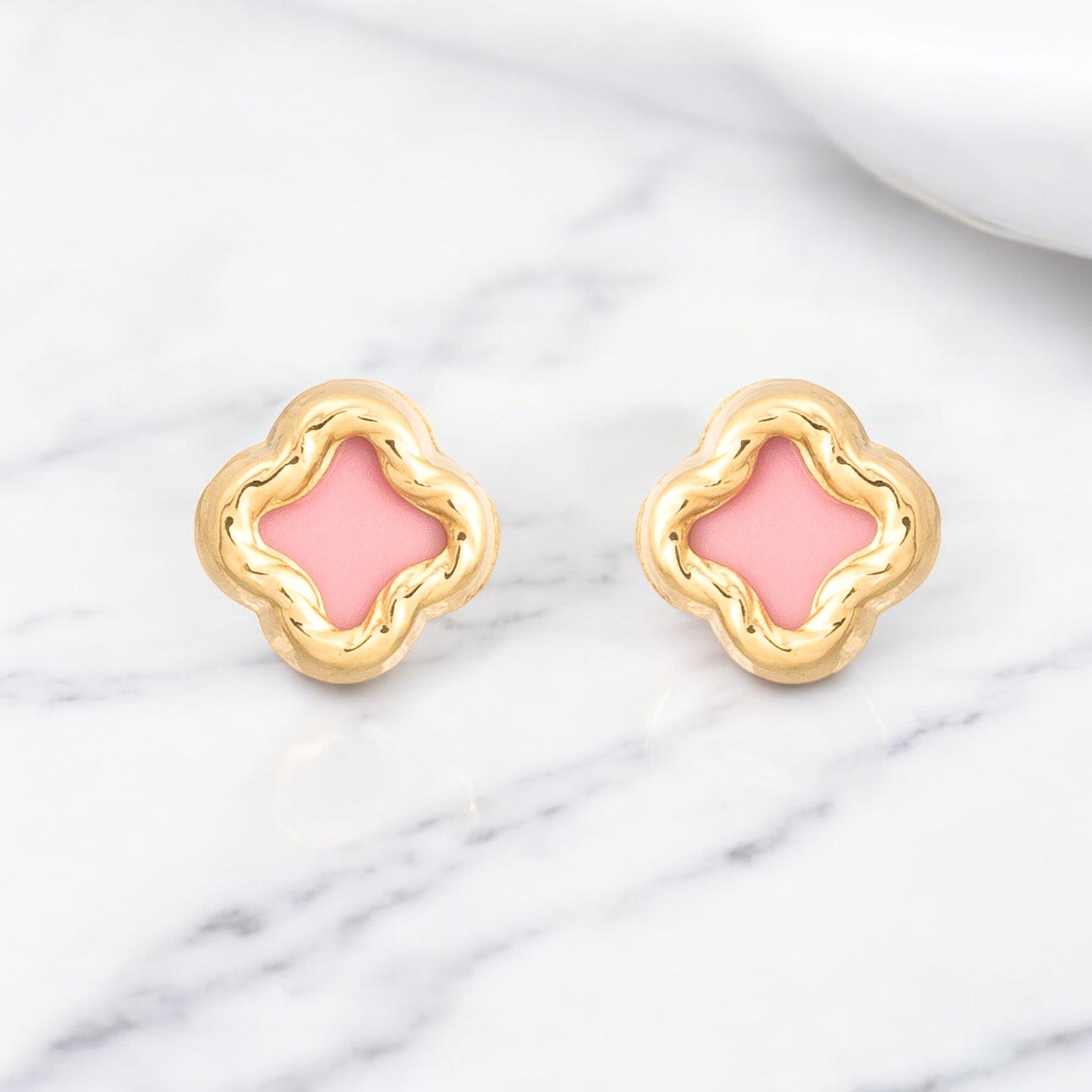 Pendientes Bebe-Niña Oro Amarillo 9K Nacar Cuatrebol Rosa Tallados