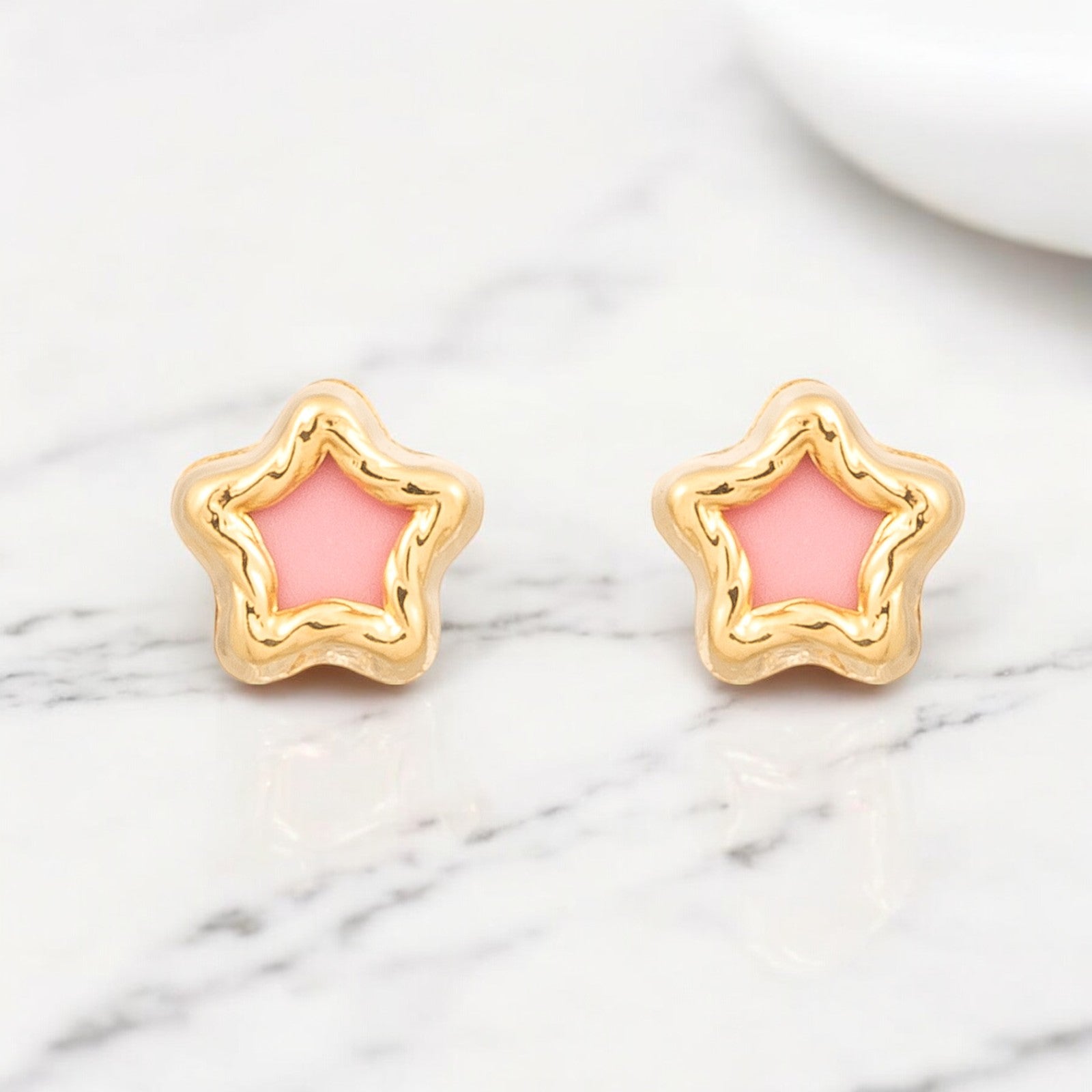 Pendientes Bebe-Niña Oro Amarillo 9K Nacar Estrella Rosa Tallados