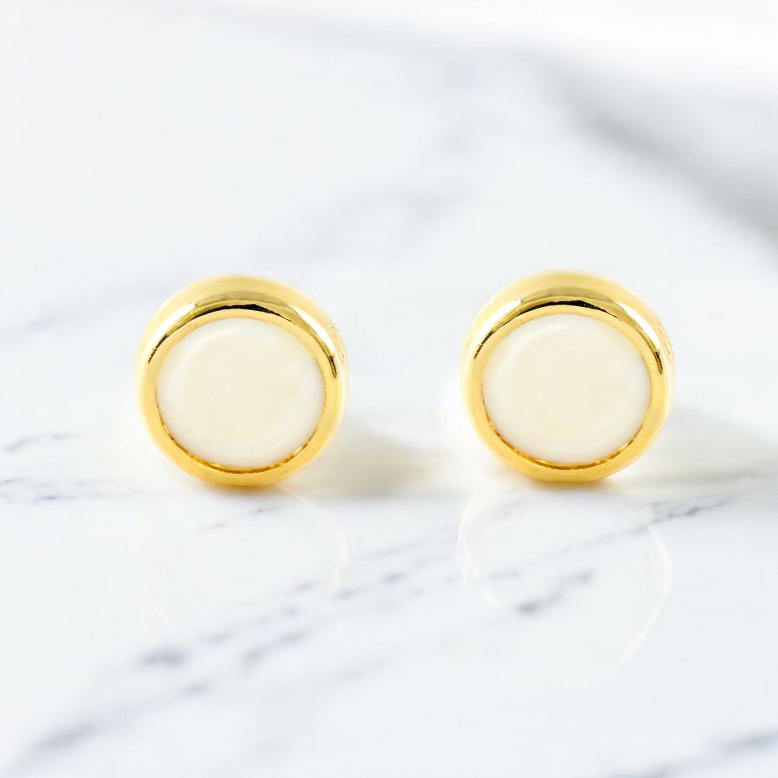 Baby Girl Earrings 9K Yellow Gold Round Mother-of-Pearl Shine