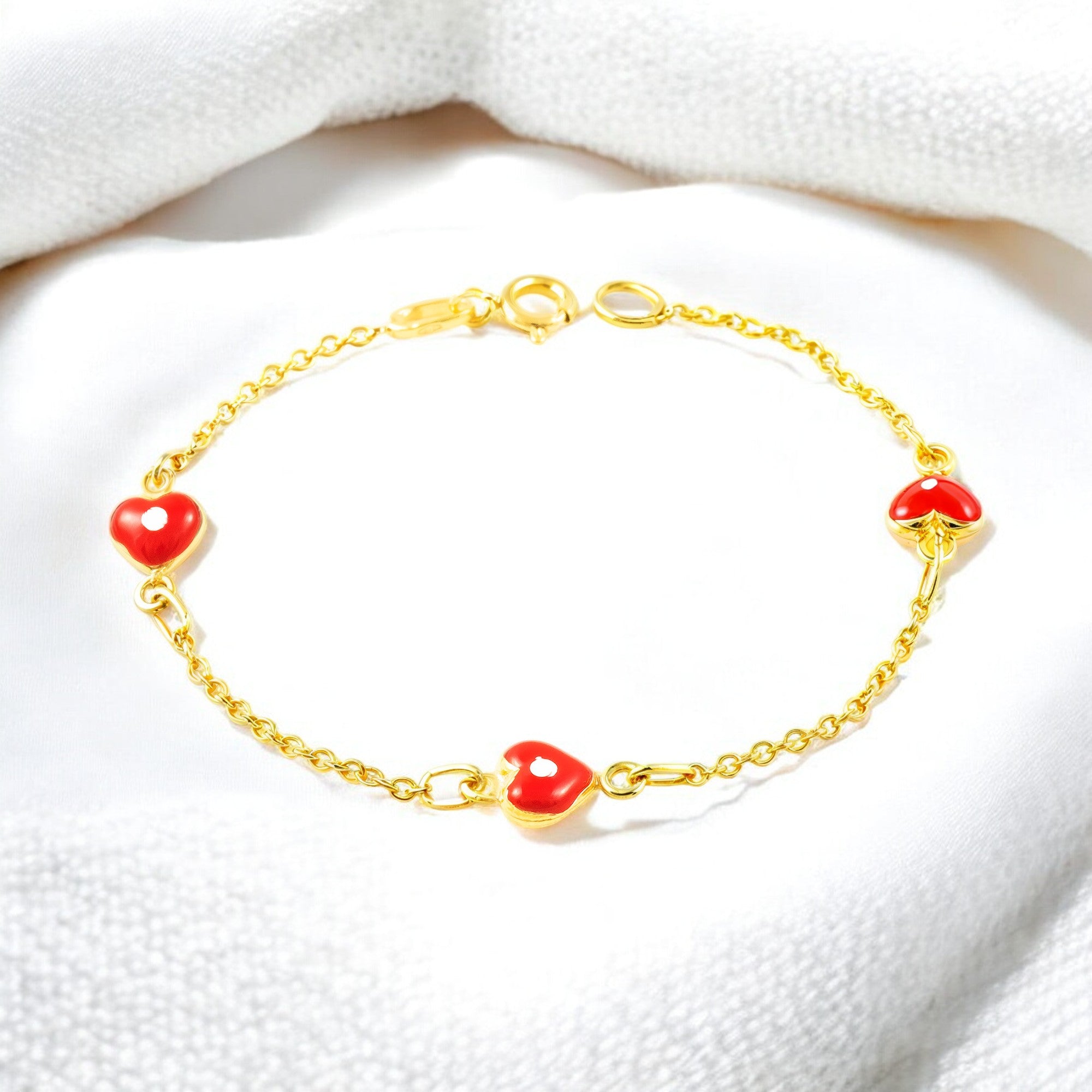 Pulsera Niña Oro Amarillo 9K Esmalte Corazón Rojo-Blanco Brillo 14 cm