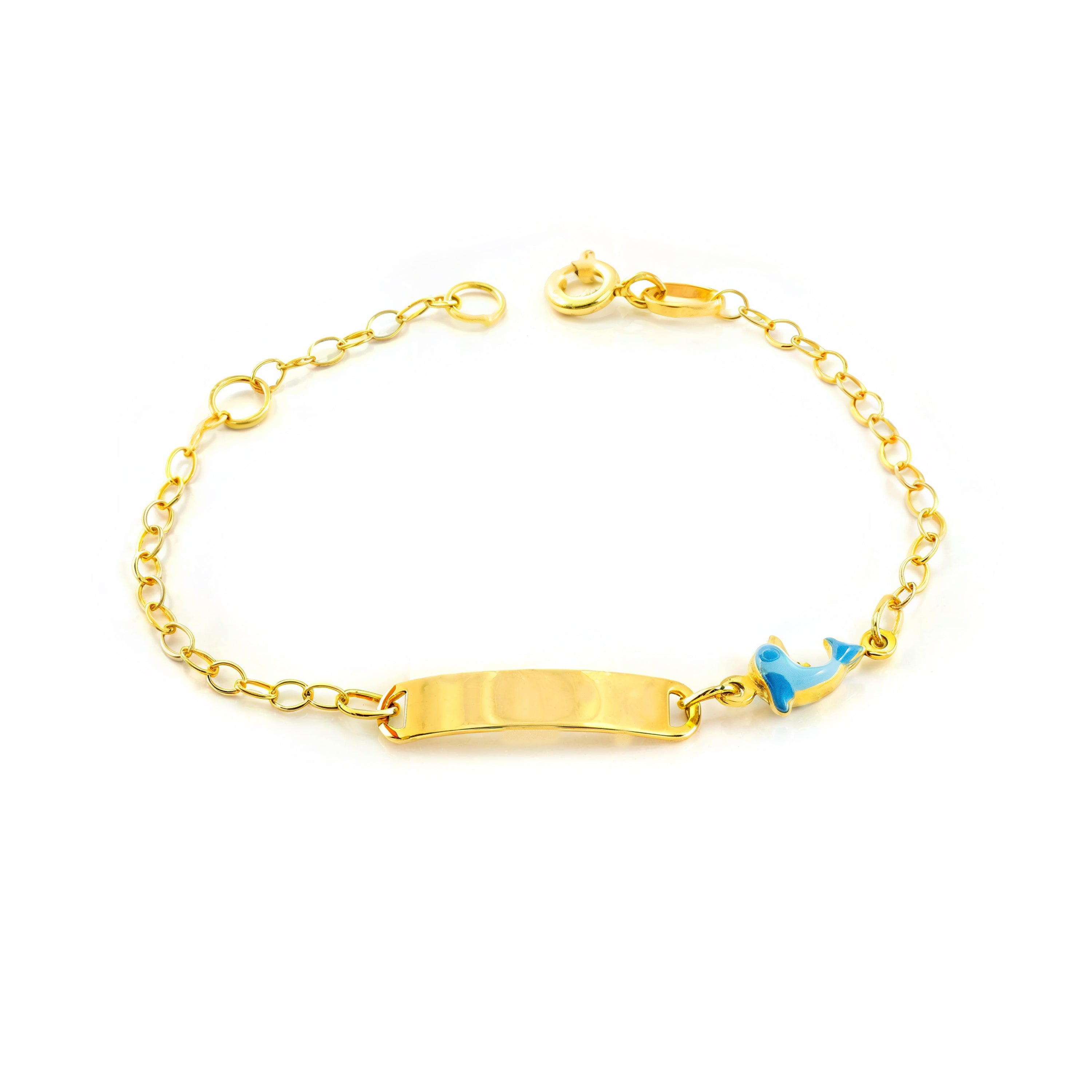 Pulsera Niña Oro Amarillo 18K Esmalte Esclava Delfín Azul Brillo 14 cm