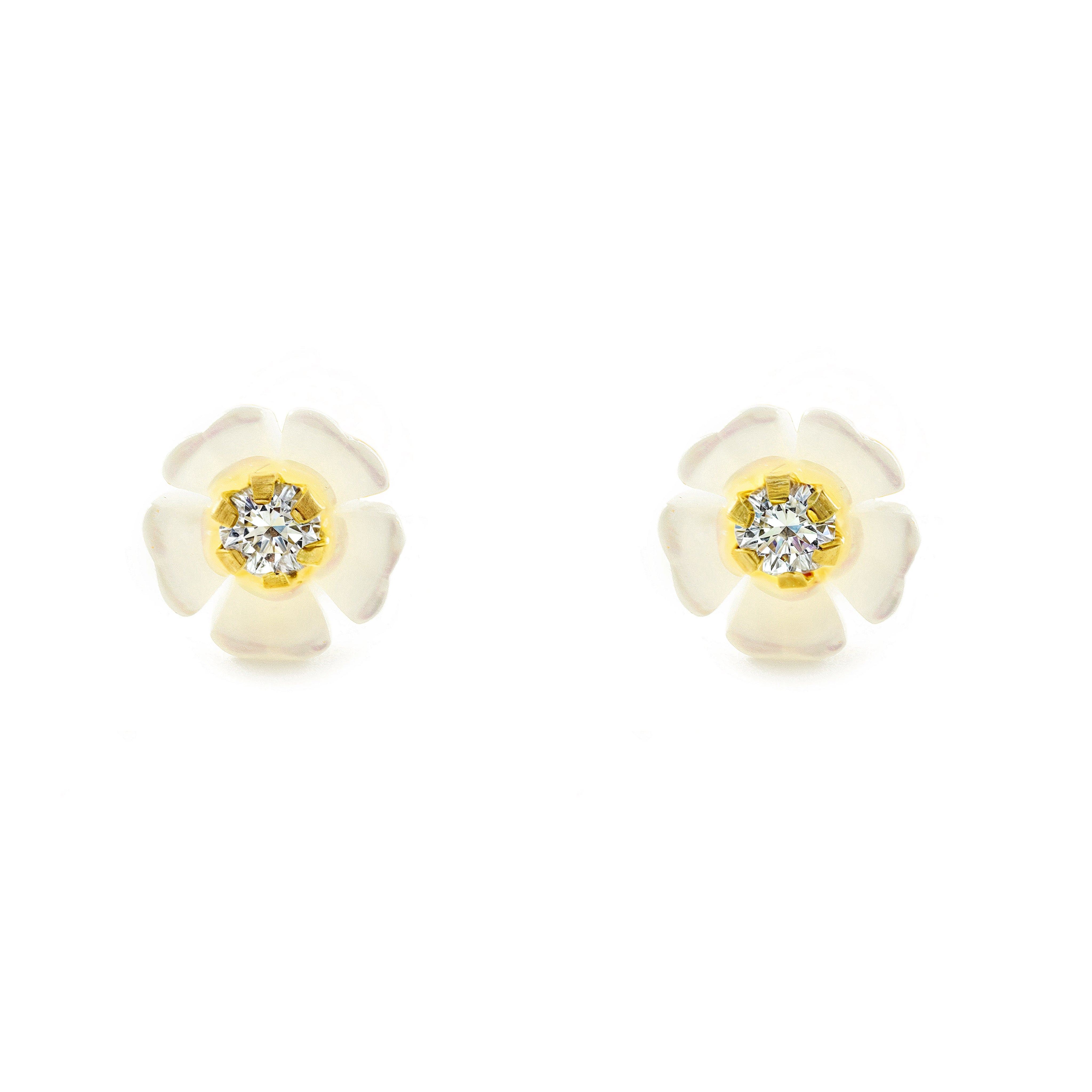 Pendientes Niña Oro Amarillo 9K Nacar Flor Circonita Brillo