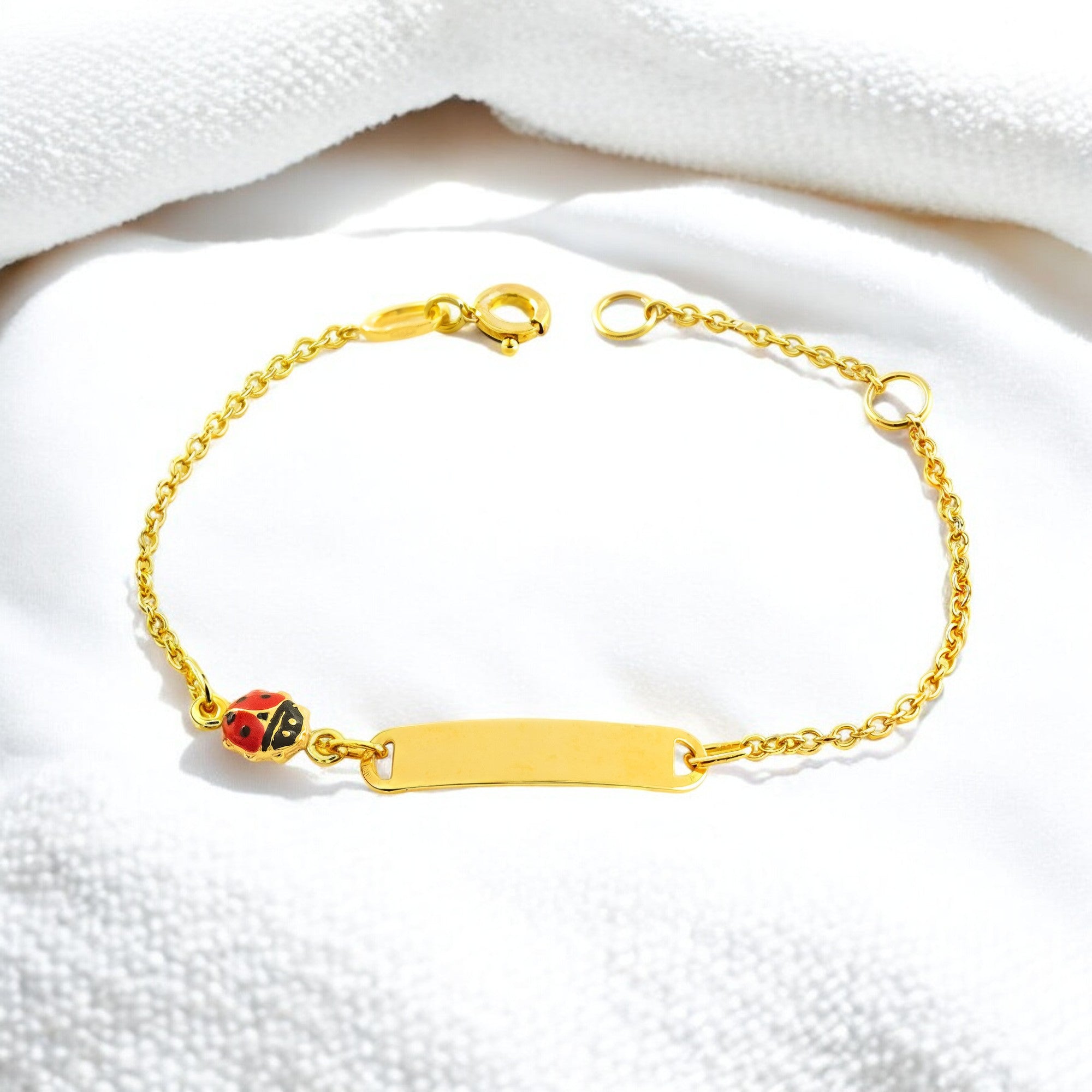 Pulsera Niña Oro Amarillo 9K Esmalte Esclava Mariquita Rojo-Negro Brillo 14 cm