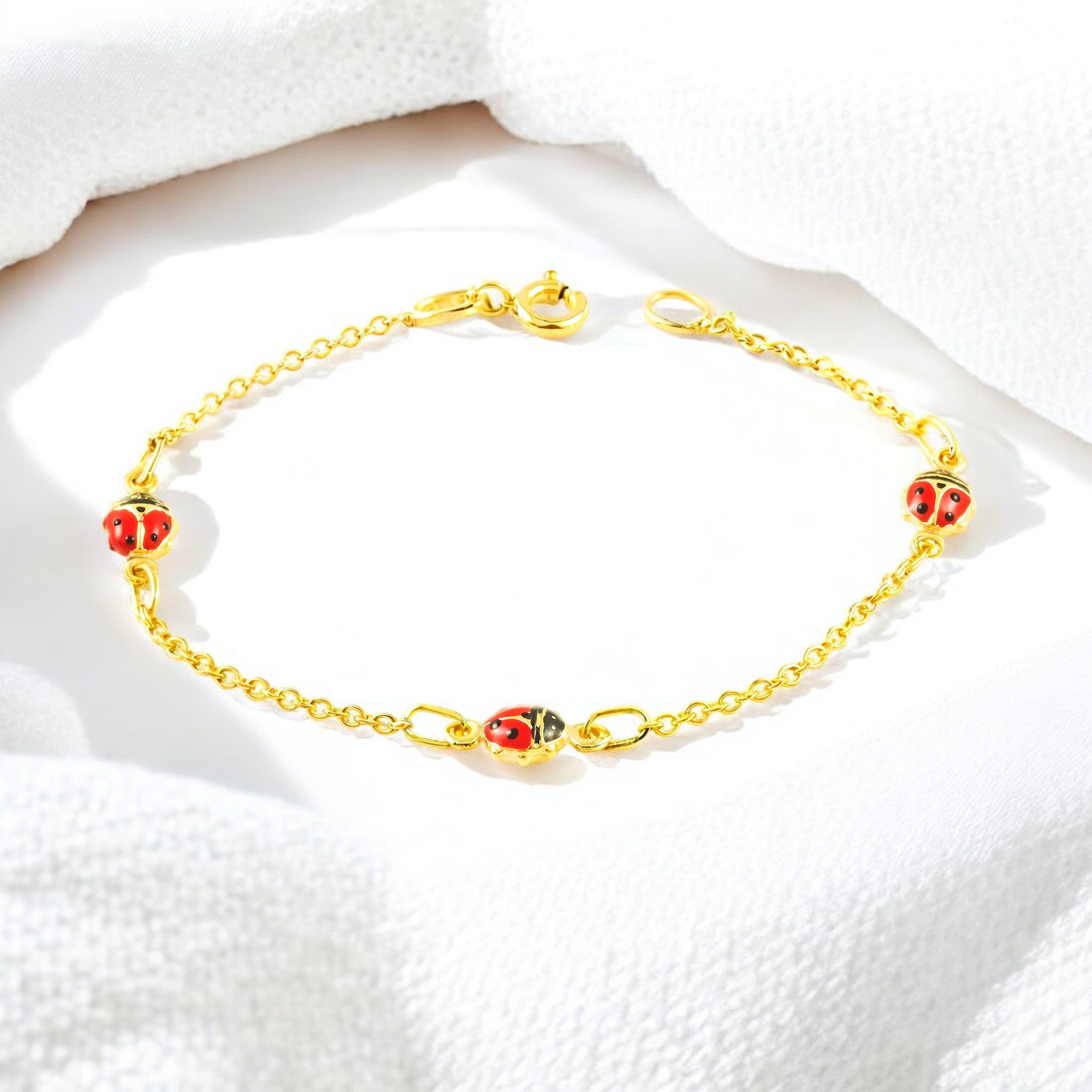Pulsera Niña Oro Amarillo 9K Esmalte Mariquita Rojo-Negro Brillo 14 cm