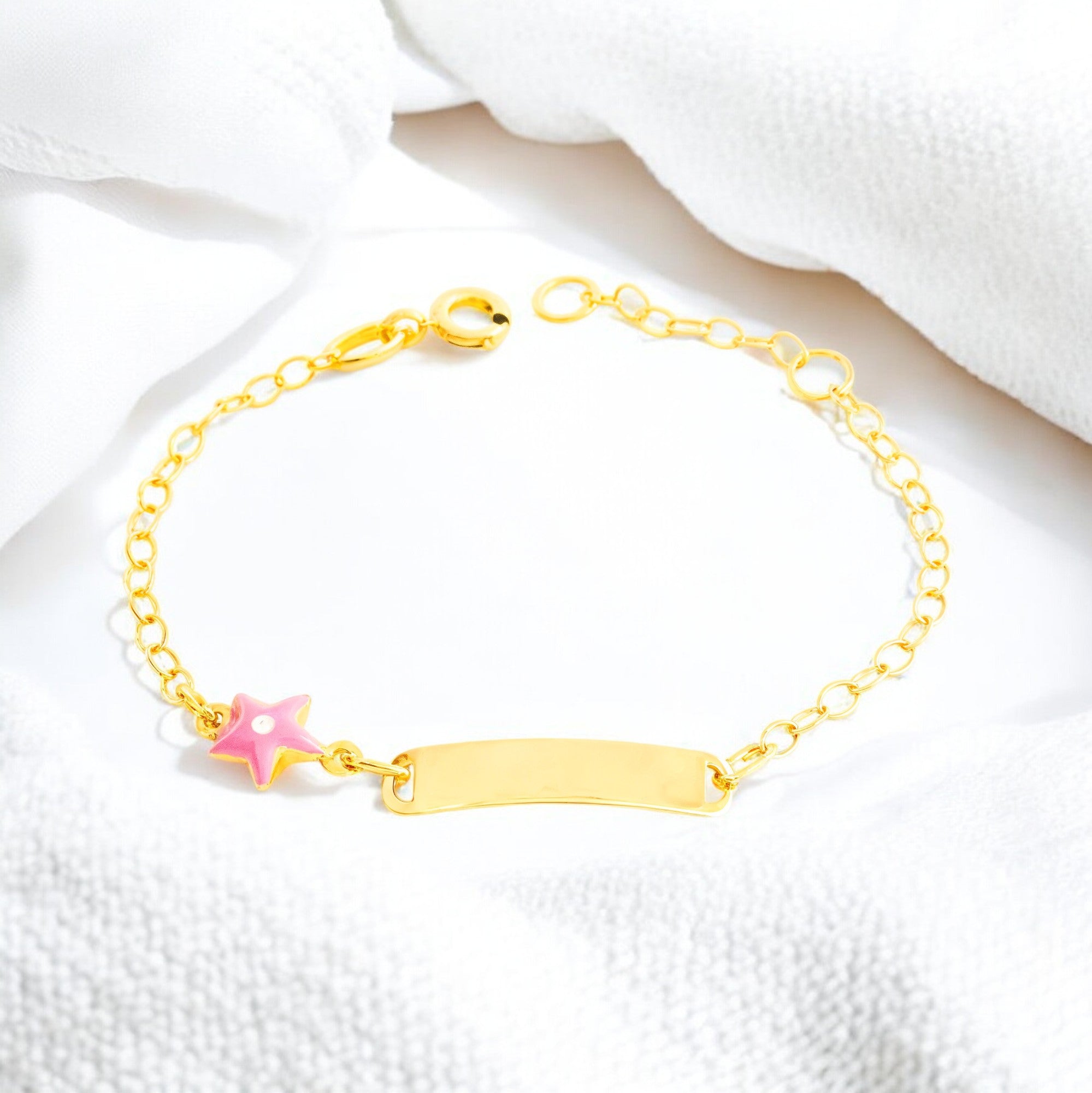 Pulsera Niña Oro Amarillo 18K Esmalte Esclava Estrella Rosa-Blanco Brillo 14 cm