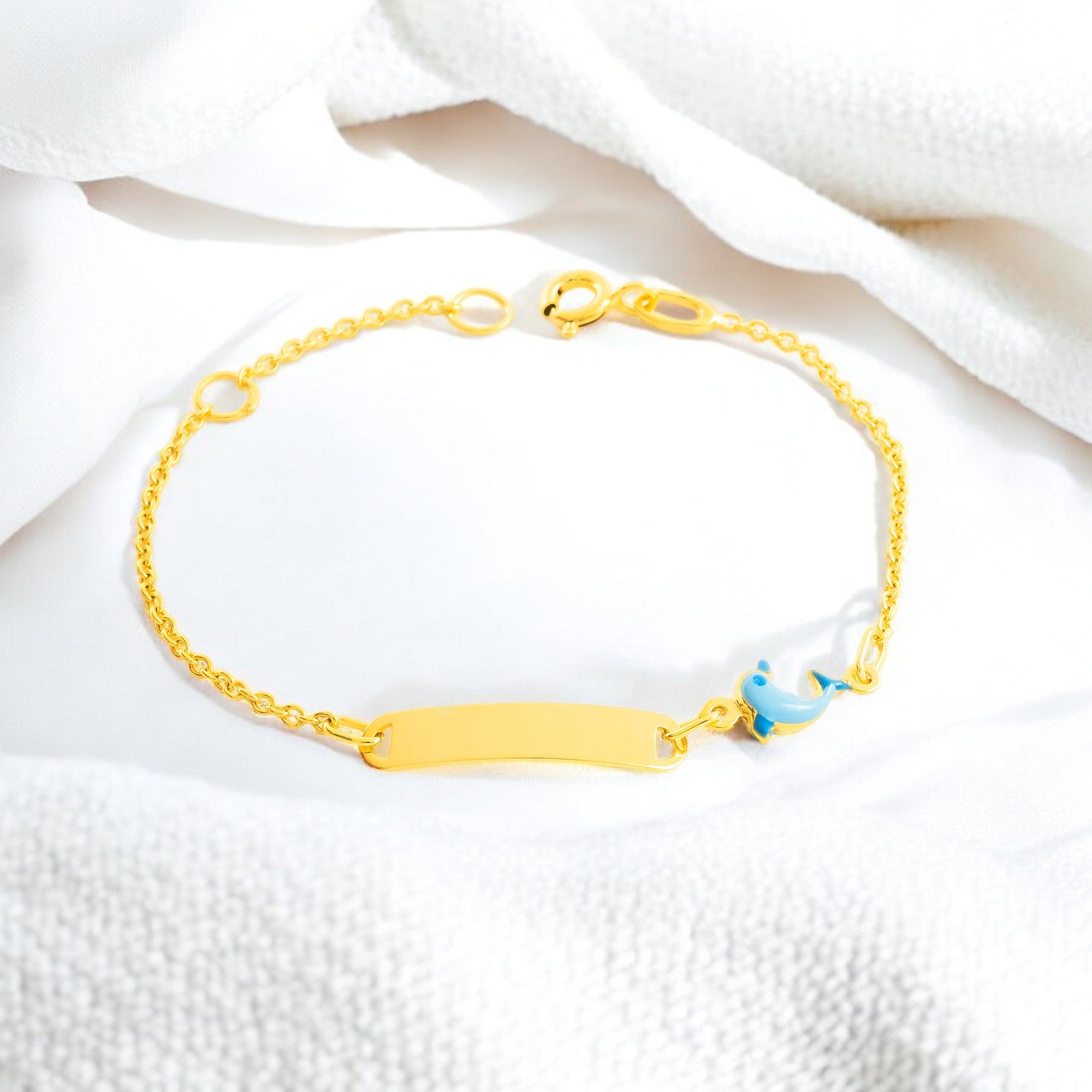 Pulsera Niña Oro Amarillo 9K Esmalte Esclava Delfín Azul Brillo 14 cm