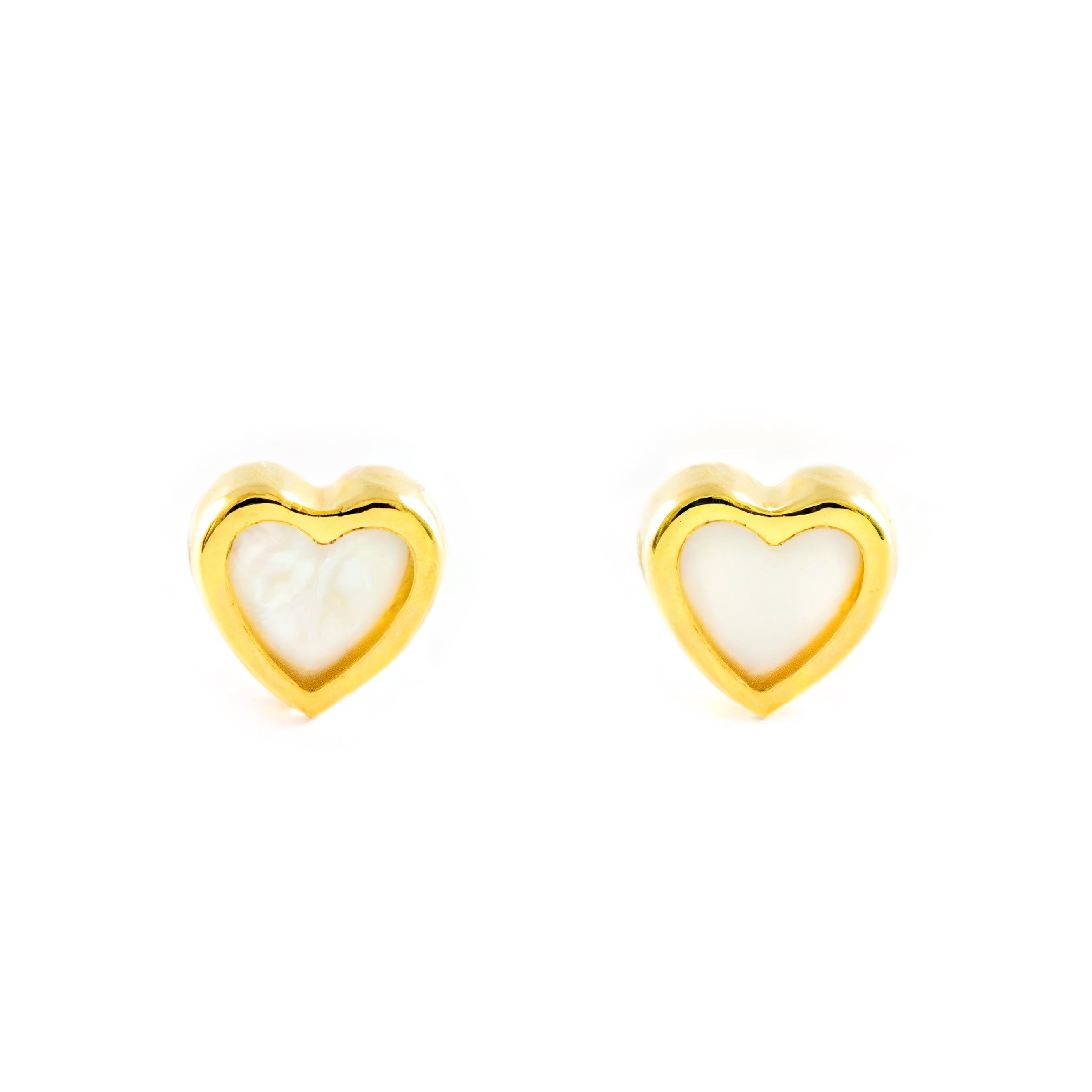 Pendientes Bebe-Niña Oro Amarillo 9K Nacar Corazón Brillo