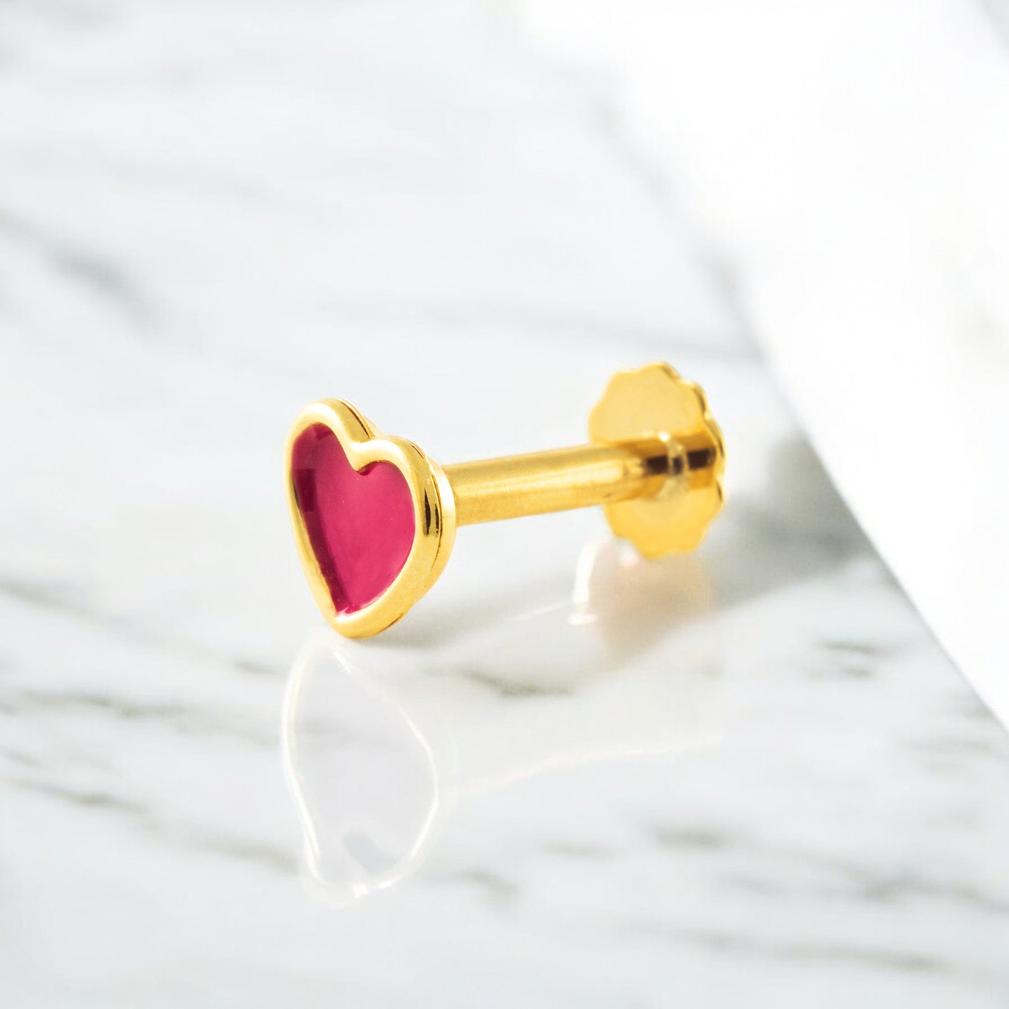 Piercing Oro Amarillo 9K Cartilago Esmalte Corazón Rosa Intenso Brillo