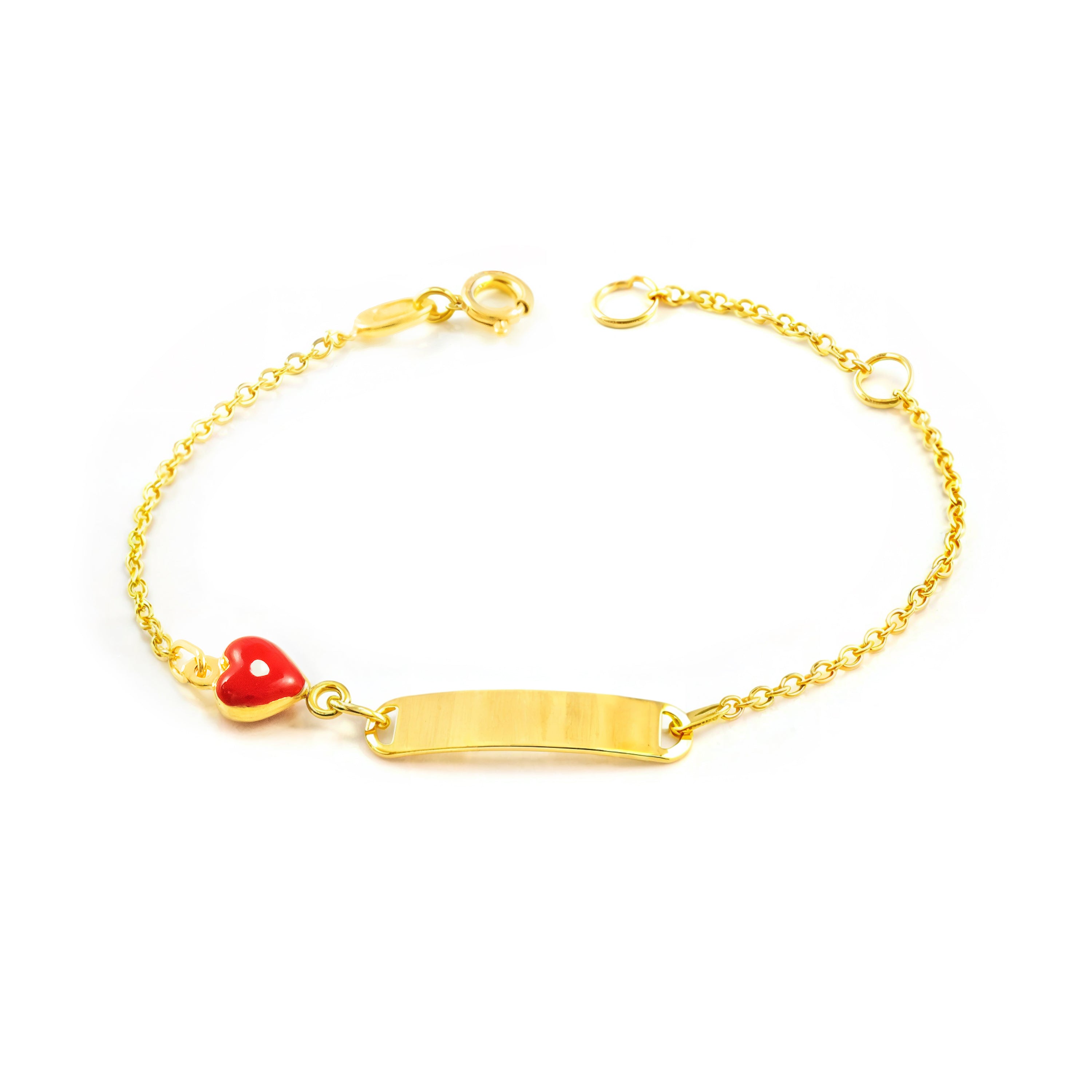 Pulsera Niña Oro Amarillo 9K Esmalte Esclava Corazón Rojo-Blanco Brillo 14 cm