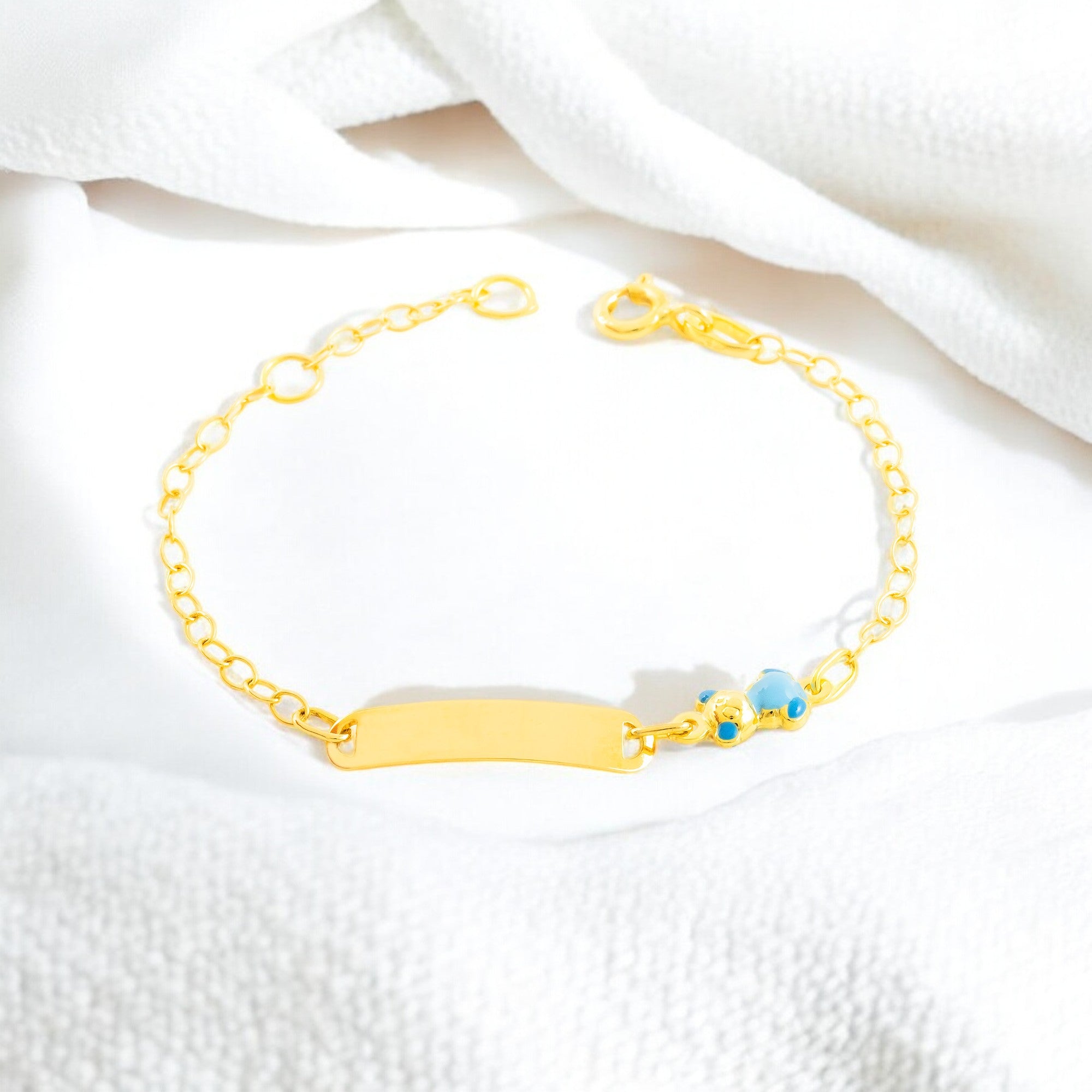 Pulsera Niña Oro Amarillo 18K Esmalte Esclava Oso Azul Brillo 14 cm