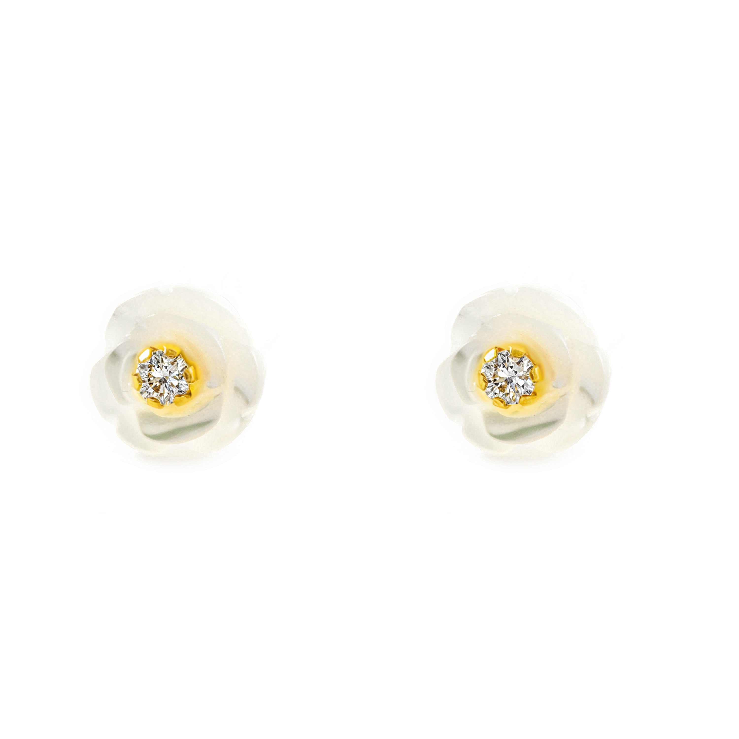 Girl's Earrings 9K Yellow Gold Mother of Pearl Shiny Zirconia Flower
