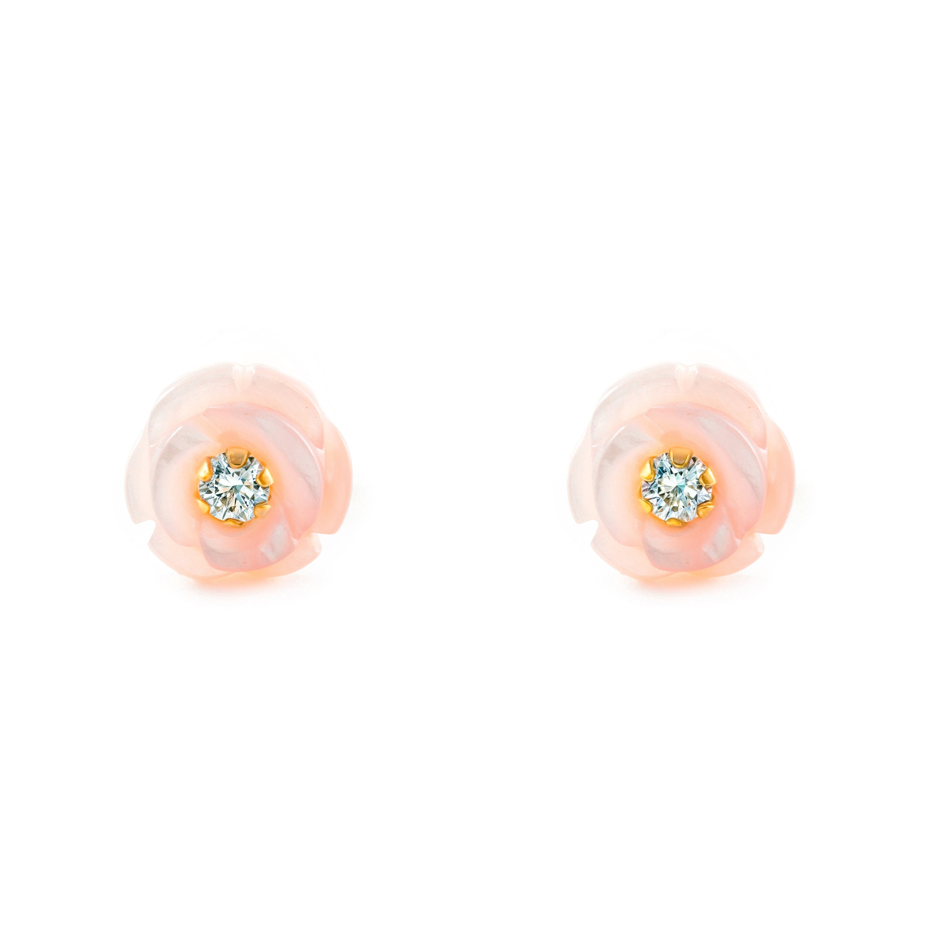 Girl's Earrings 18K Yellow Gold Mother of Pearl Shiny Zirconia Flower