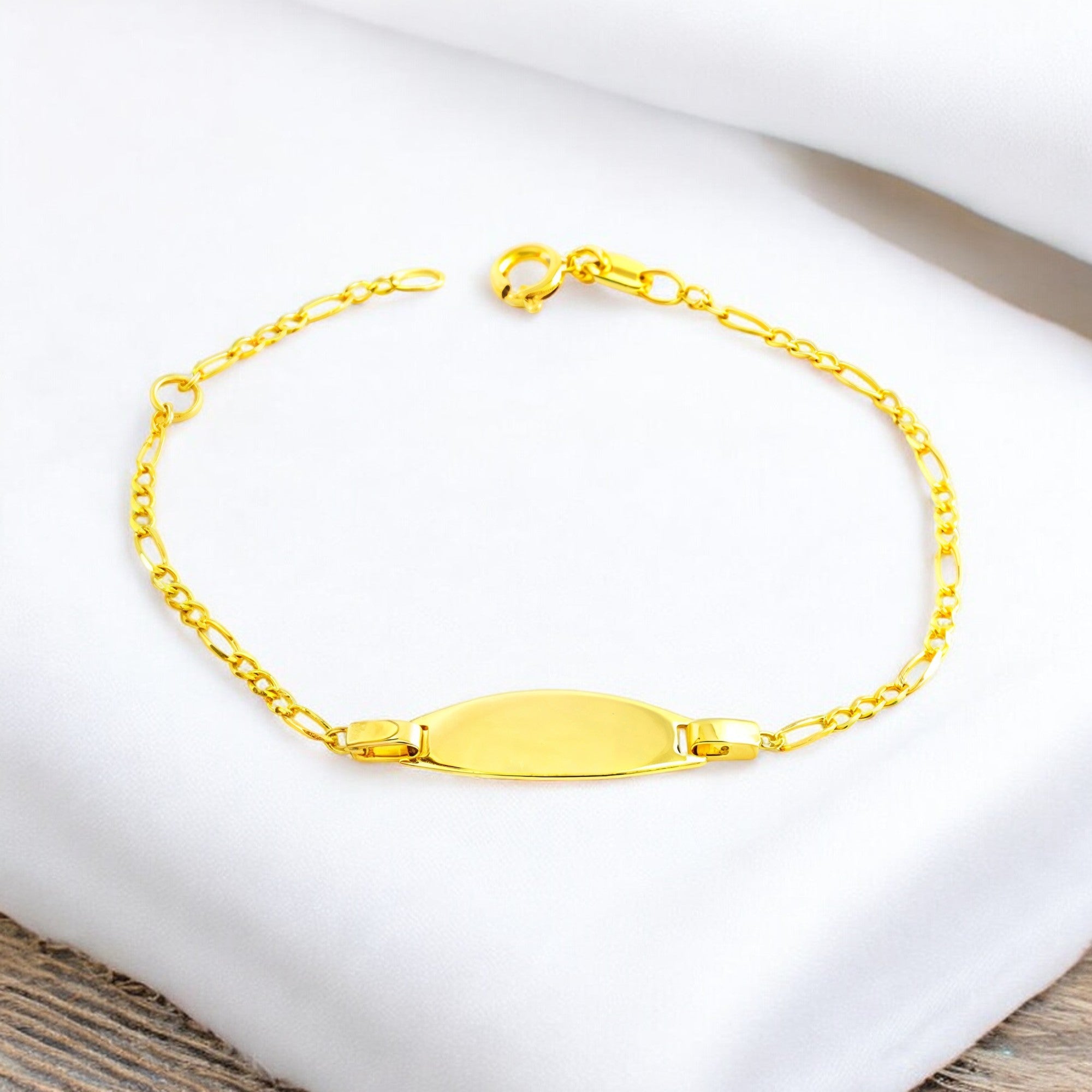 Pulsera Niña Oro Amarillo 9K Personalizada Esclava Barbada 3x1 Brillo 14 cm