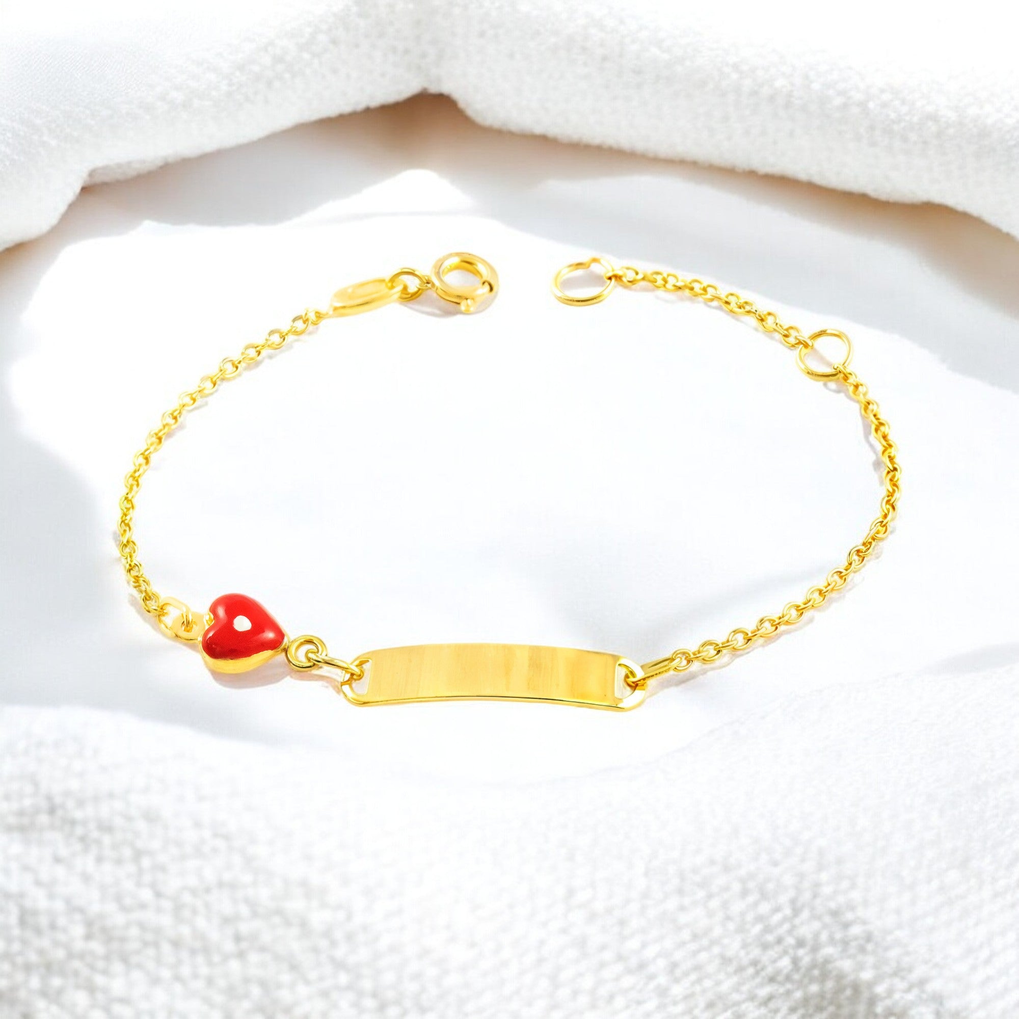 Pulsera Niña Oro Amarillo 9K Esmalte Esclava Corazón Rojo-Blanco Brillo 14 cm
