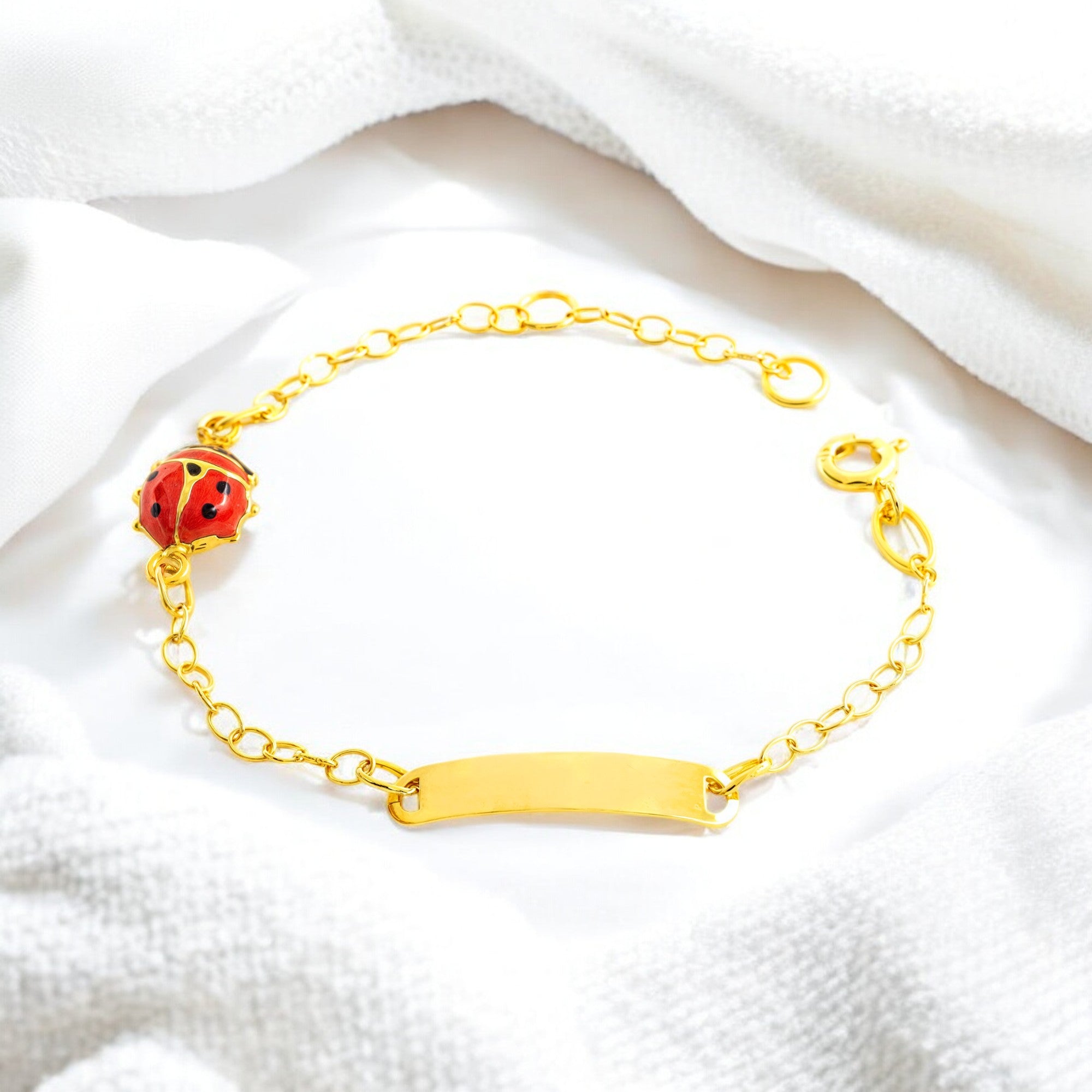 Pulsera Niña Oro Amarillo 18K Esmalte Esclava Mariquita Rojo-Negro Brillo 14 cm