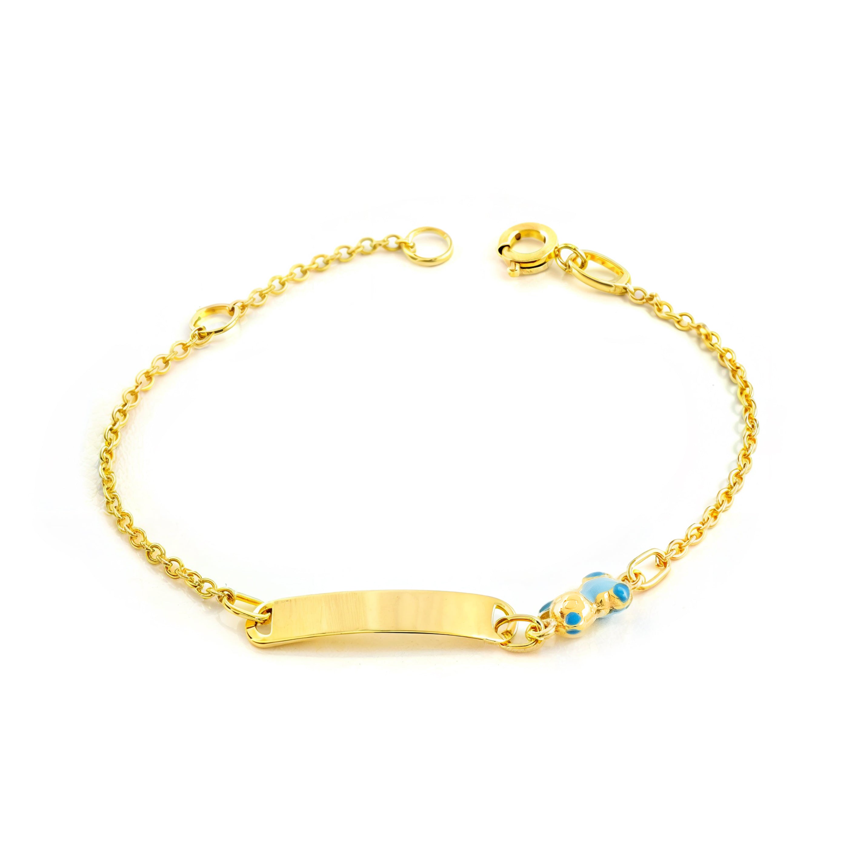 Pulsera Niña Oro Amarillo 9K Esmalte Esclava Oso Azul Brillo 14 cm
