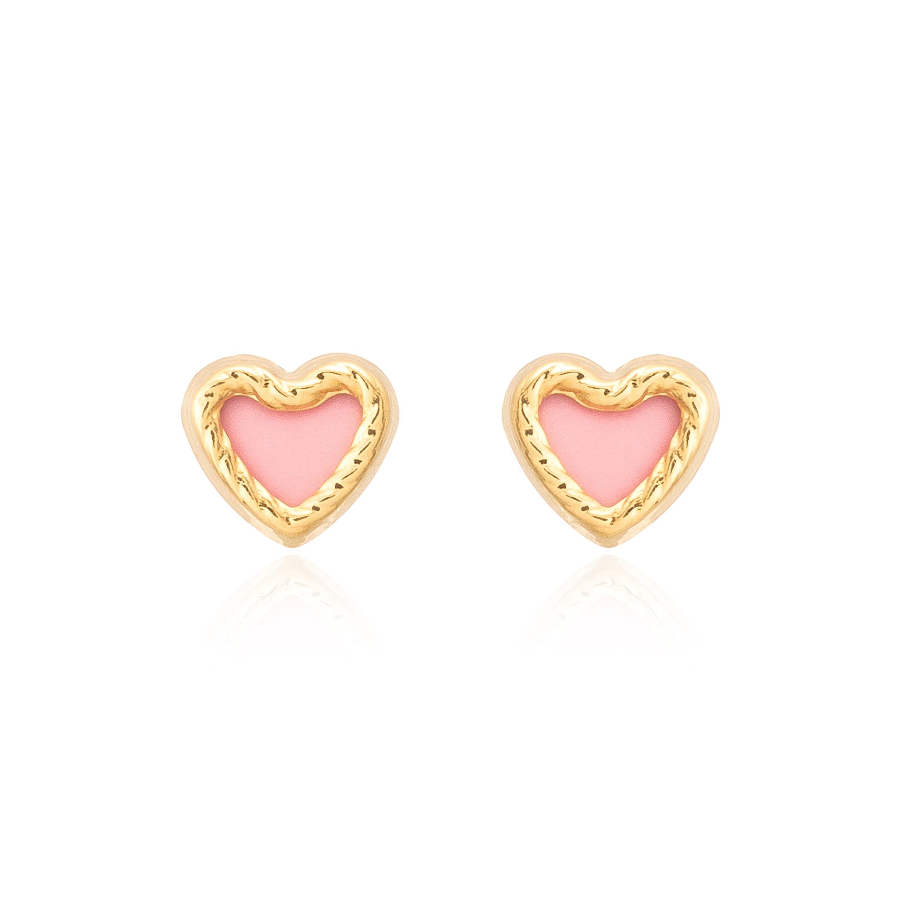 Pendientes Bebe-Niña Oro Amarillo 9K Nacar Corazón Rosa Tallados