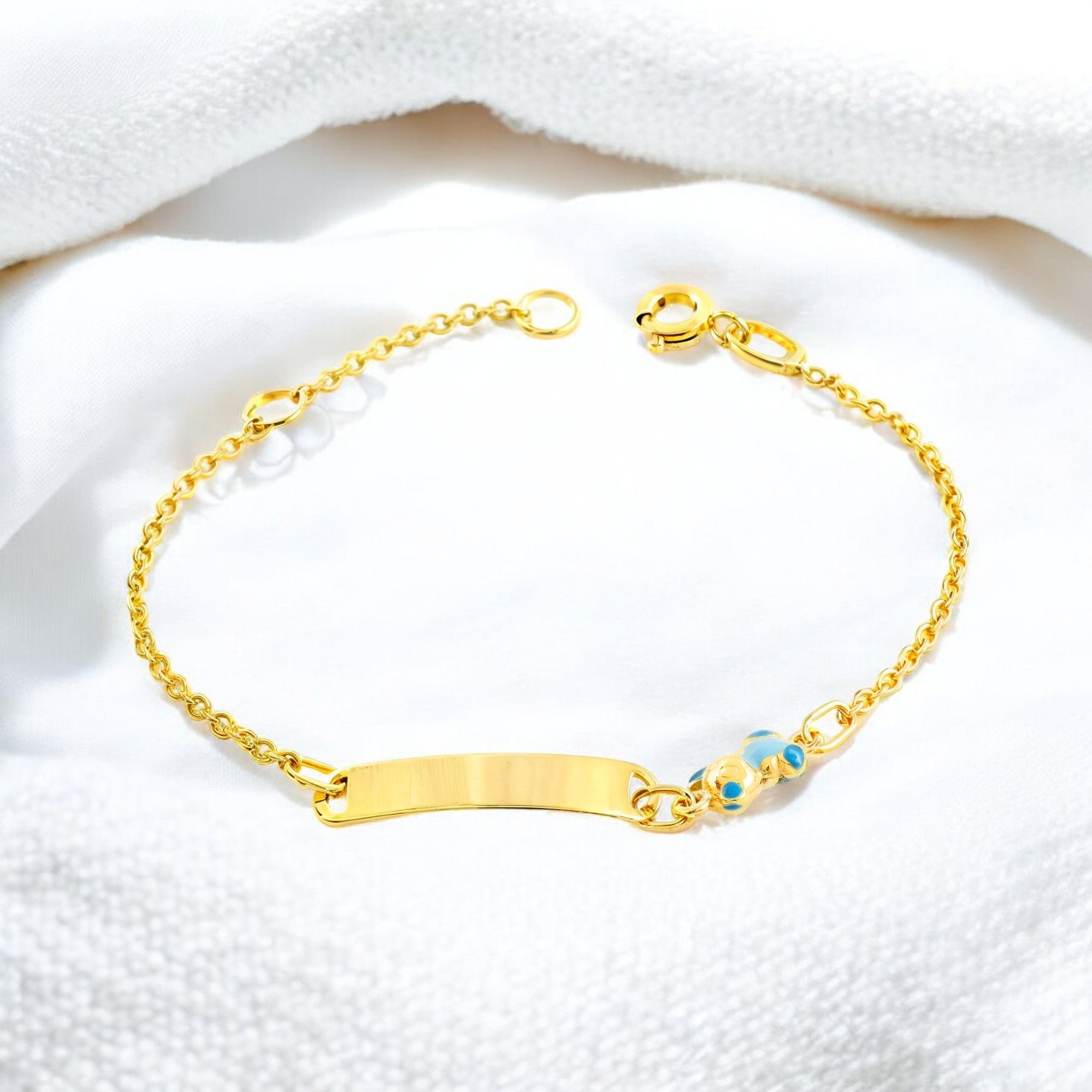 Pulsera Niña Oro Amarillo 9K Esmalte Esclava Oso Azul Brillo 14 cm