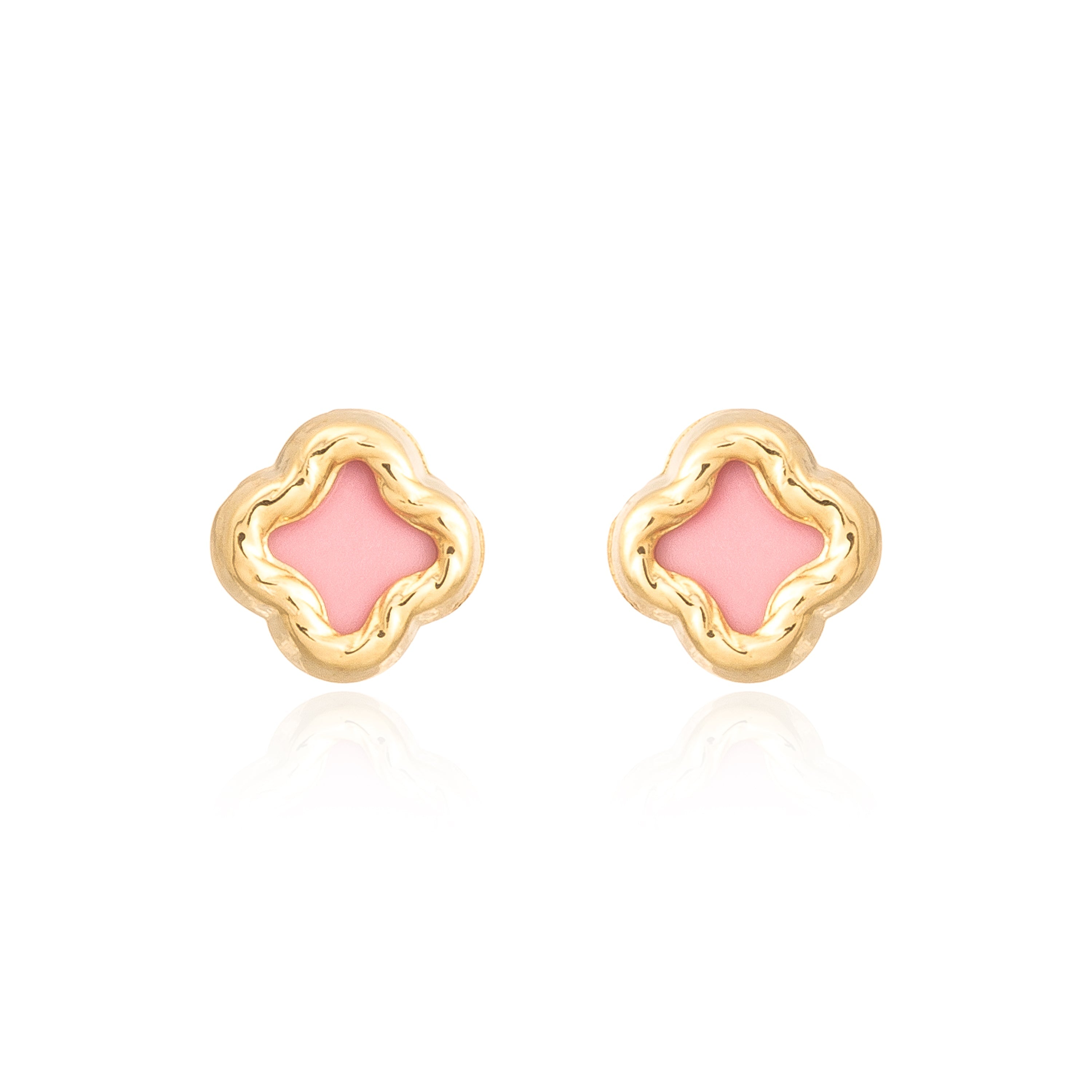 Pendientes Bebe-Niña Oro Amarillo 9K Nacar Cuatrebol Rosa Tallados